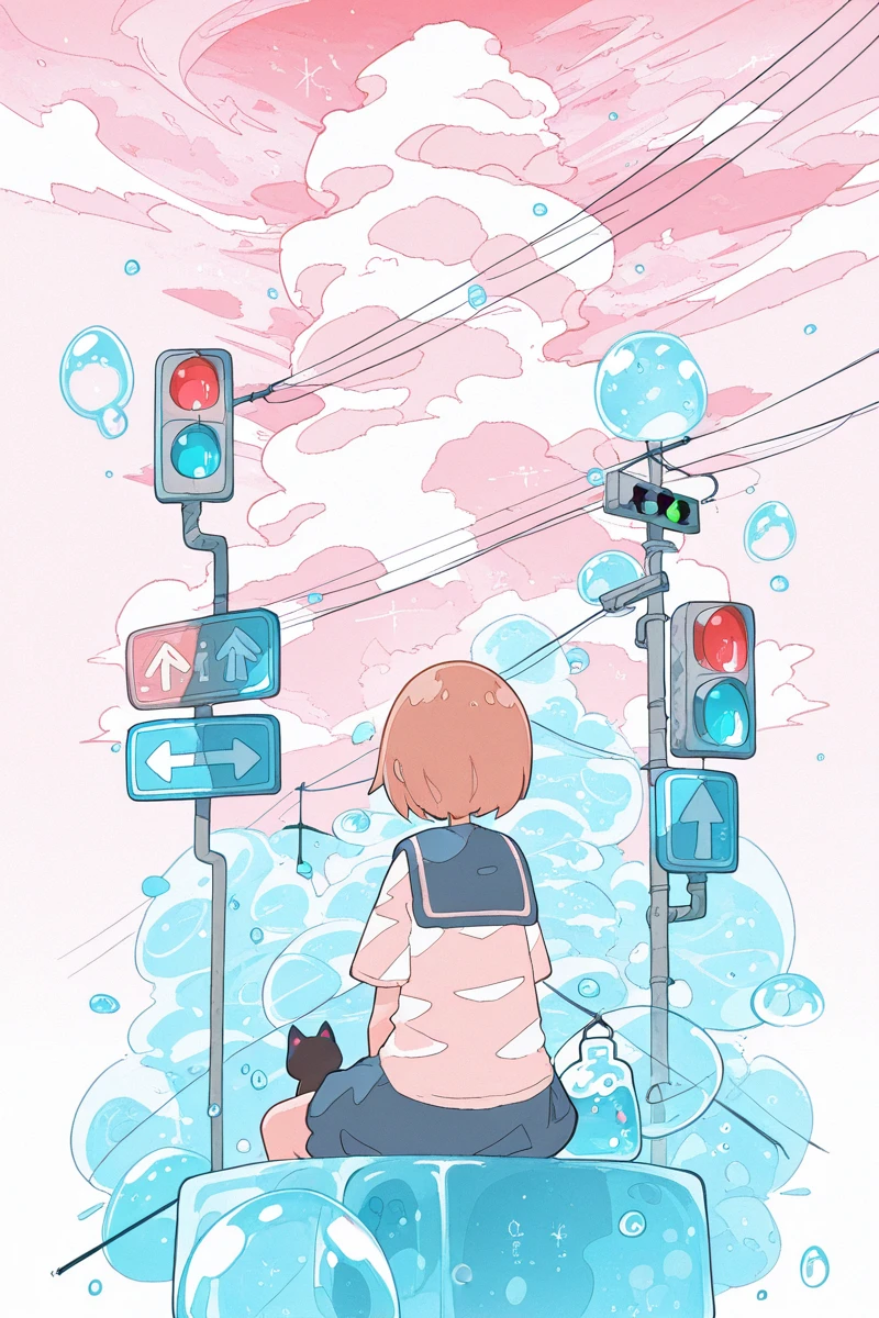 masterpiece, best quality, amazing quality,
 <lora:Haru579_IL:1> harust, 1girl, cloud, sign, cat, shirt, traffic light, sailor collar, skirt, lantern, pink sky, sitting, short sleeves, blue sailor collar, white shirt, from behind, sky, facing away, blue skirt, short hair, bubble, solo