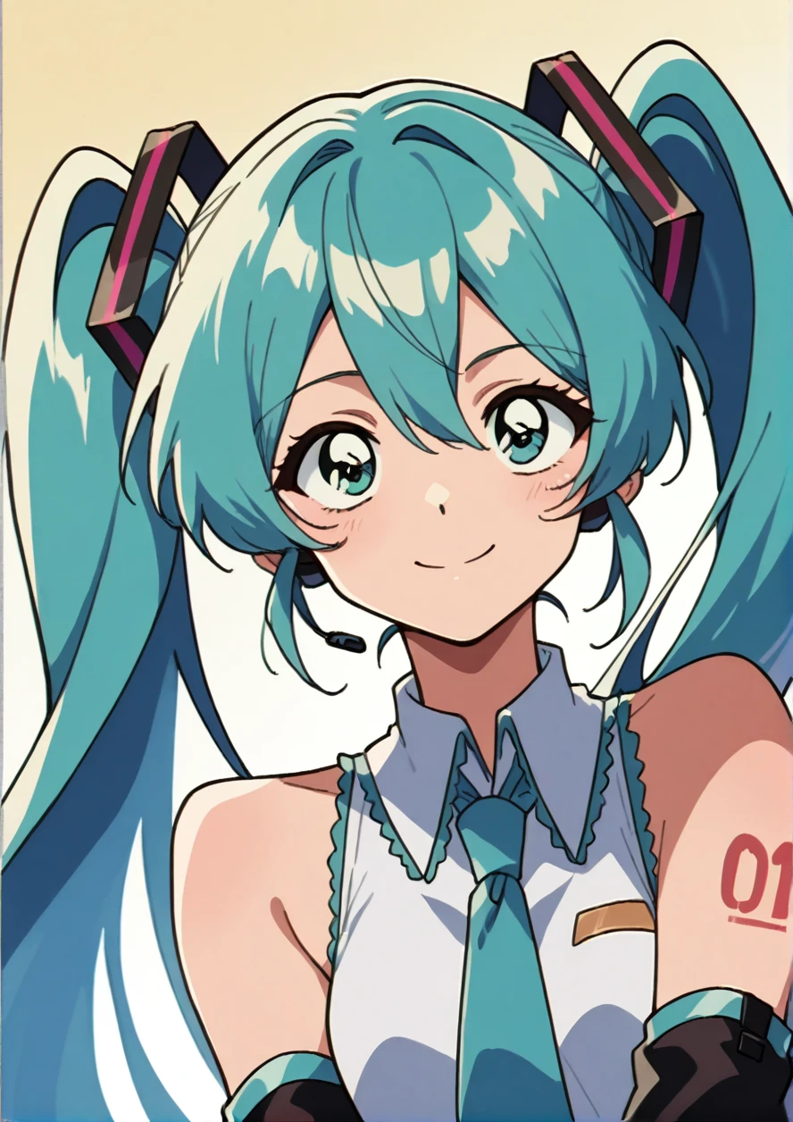 masterpiece, best quality, high quality, retro style,1girl,solo,upper body,(portrait:1.5),looking at viewer,facing viewer,dutch angle, smile, hatsune miku,absurdly long hair,aqua hair,twintails,hair ornament,sidelocks,hair between eyes,parted bangs,aqua eyes,white shirt,collared shirt,bare shoulders,sleeveless shirt,aqua necktie,detached sleeves,black sleeves,shoulder tattoo,fringe,black thighhighs,miniskirt,pleated skirt,zettai ryouiki,thigh boots,  <lora:Hatsune Miku(voc)-Illus-Remake:1> <lora:SakuraSakuma1982Style:1>