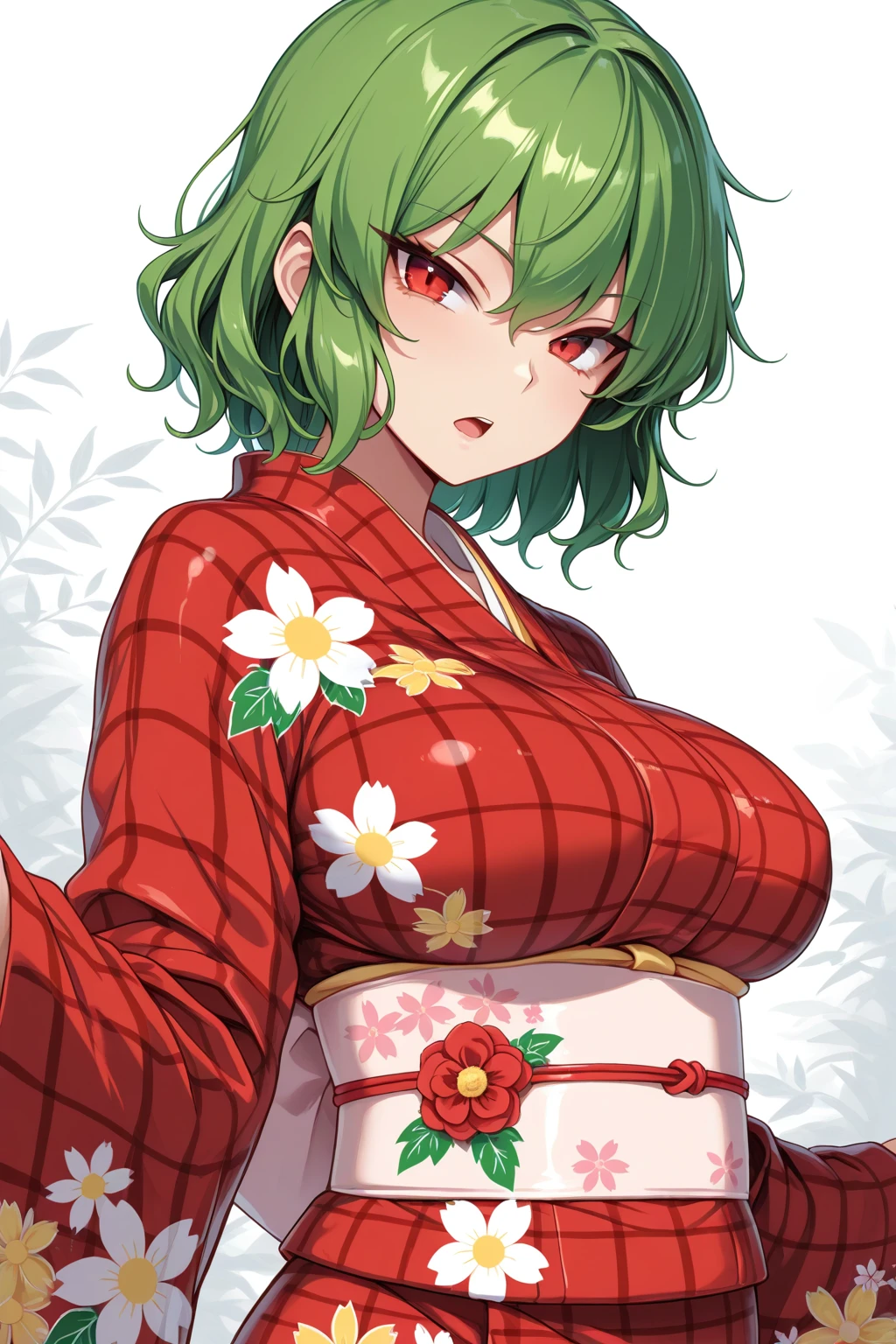 kazami yuuka, touhou, 1girl, breasts, floral print, green hair, japanese clothes, kimono, large breasts, looking at viewer, obi, open mouth, plaid, red eyes, sash, short hair, solo, tsurime, masterpiece, best quality