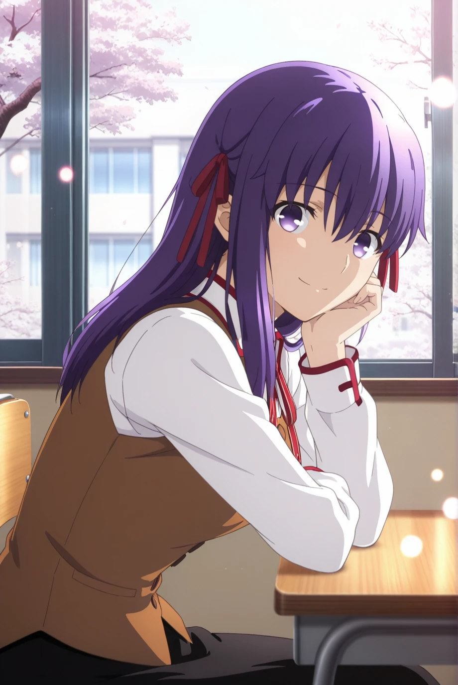 absurdres, masterpiece, best quality, very aesthetic, 1girl, solo,
<lora:SakuraMatou-IL-v1-08:0.9>, ChopioSakuraMatou, long hair, purple hair, hair between eyes, purple eyes, no pupils, red ribbon, hair ribbon, looking at viewer,
anime coloring,
outfit_1, collared shirt, white collar, red neck ribbon, brown vest, long sleeves, black skirt,
school, classroom, chair, sitting, smile, from side, window, cherry blossoms, head rest, bokeh,