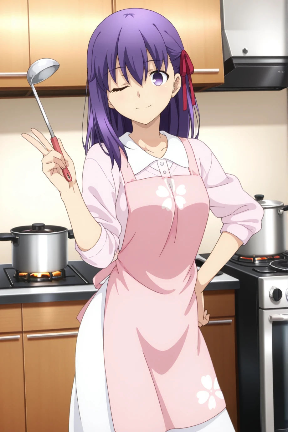 absurdres, masterpiece, best quality, very aesthetic, 1girl, solo,
<lora:SakuraMatou-IL-v1-08:0.9>, ChopioSakuraMatou, long hair, purple hair, hair between eyes, purple eyes, no pupils, red ribbon, hair ribbon, looking at viewer,
anime coloring,
outfit_2, collared dress, pink cardigan, long sleeves, white dress, pink apron, sleeves pushed up,
indoors, japanese kitchen, standing, stove, pan, hand on own hip, contrapposto, peace sign, one eye closed, holding ladle, smile,