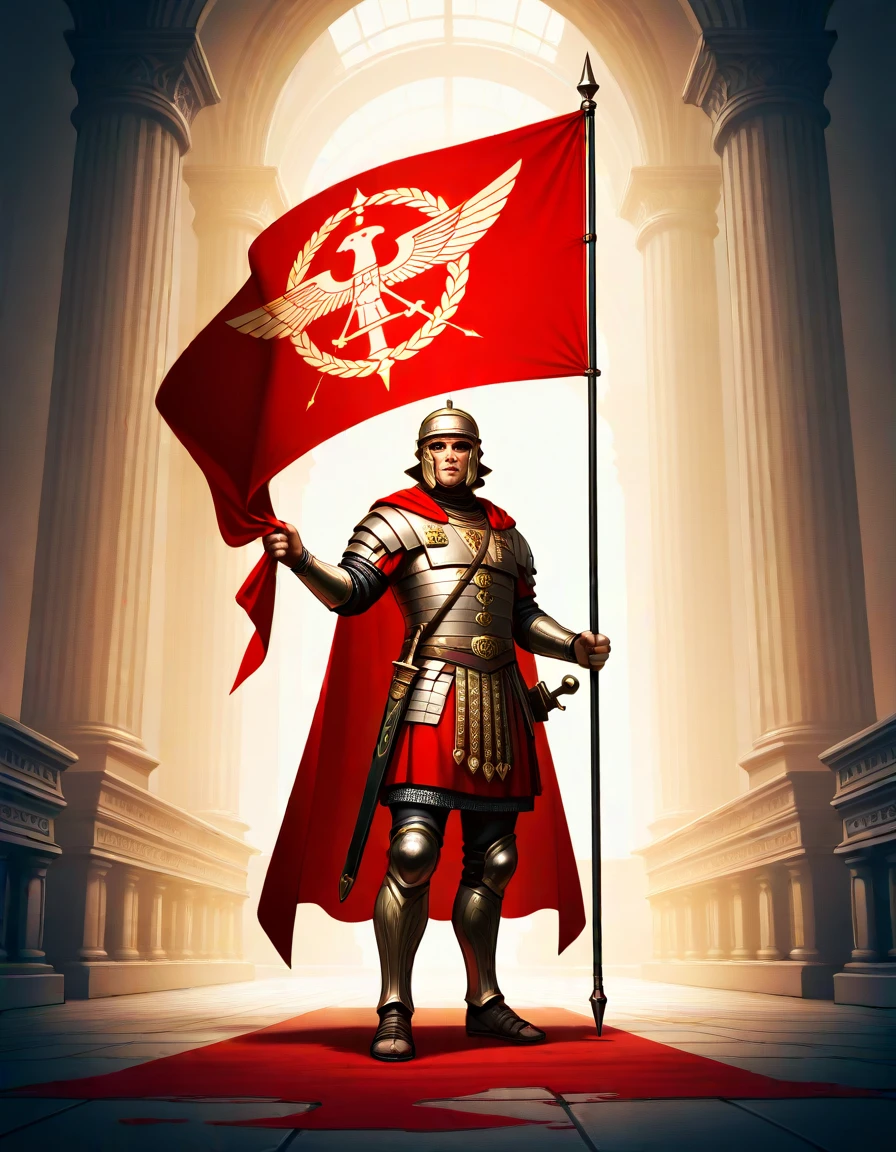 masterpiece, best_quality, very_aesthetic, highres, absurdres, ultra detailed,
<lora:negXL:0.5> <lora:RomanLegionary_IL:0.9> 
romanlegionary, armor, weapon, holding, holding weapon, sheath, breastplate, cape, chainmail
holding flag,
 1boy,   
full body,  
standing, 
gradient background,  
  Ink,anime screenshot, 
, indoors, , 
,limited palette,  , 
Wide shot,