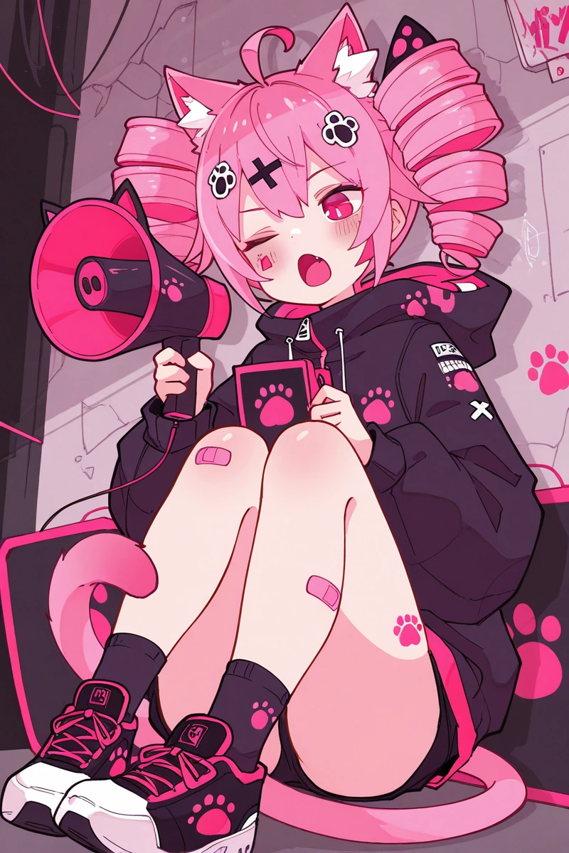 masterpiece, best quality, amazing quality,
<lora:Haru579_IL:1> harust, 1girl, animal ears, solo, one eye closed, cat ears, paw print, megaphone, fang, bandaid, tail, animal ear fluff, shoes, ahoge, jacket, holding, sitting, open mouth, pink hair, drill hair, hood, cat tail, knees up, hair ornament, socks, bandaid on leg