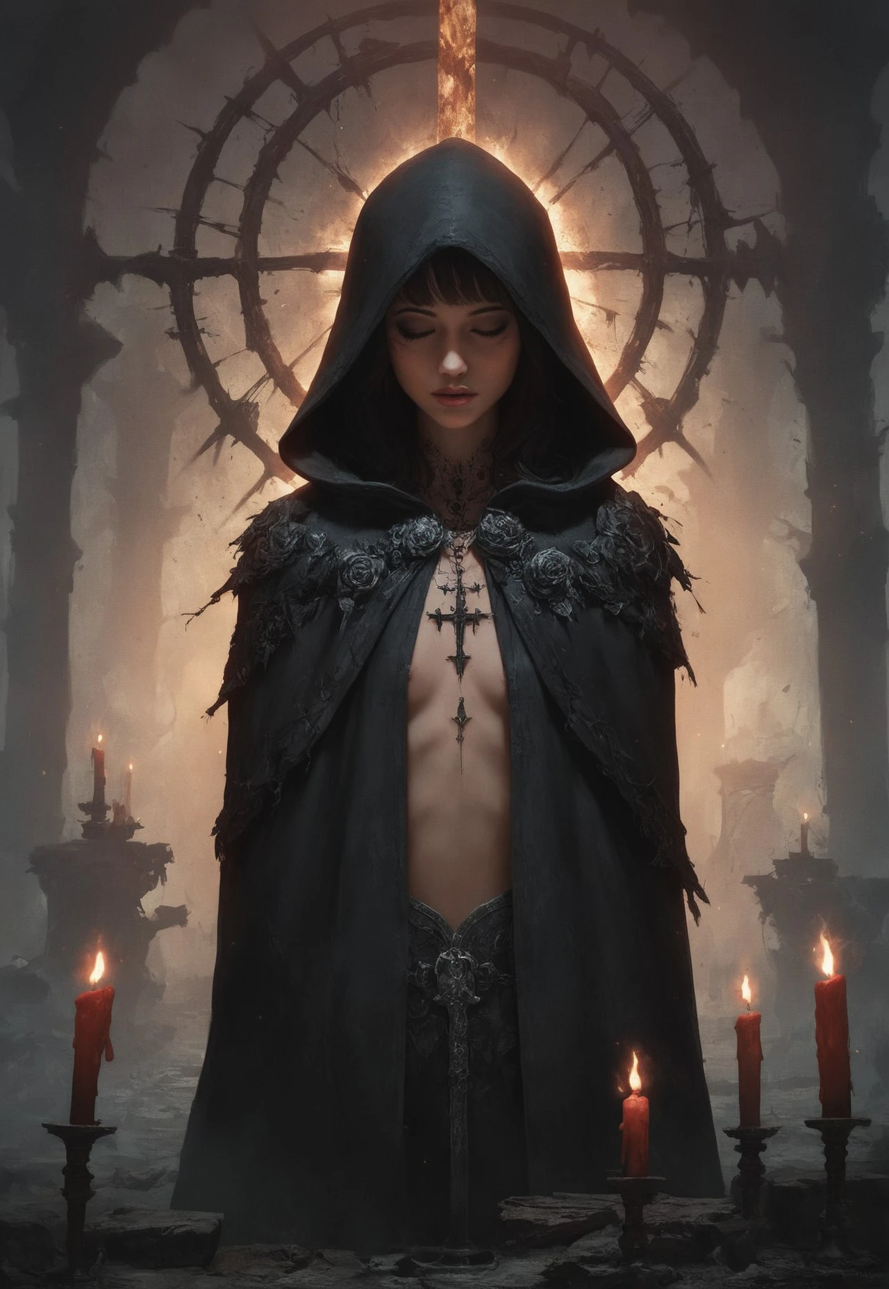 score_9, score_8_up, score_7_up, score_6_up, 1 woman, goth, 80s, age 18, cute, petite, extremely detailed, high quality, realistic, beautiful brown eyes, small breasts, thick open hair with bangs, dark theme, low light, from hip up, barren landscape with ruins, (masterpiece, best quality, highly detailed, realistic), muted colors,
mystical woman, serene expression, eyes closed, dark hooded cloak, glossy fabric, reflective cloak, glowing golden halo, ethereal light, candlelit face, ornate candles, dripping wax, floral neck tattoo, gothic layered necklaces, gothic crosses, dimly lit forest, hanging lanterns, magical atmosphere, floating embers, fire sparks, cinematic lighting, soft glow, dramatic lighting, highly detailed, fantasy art, mystical mood, dark fantasy aesthetic