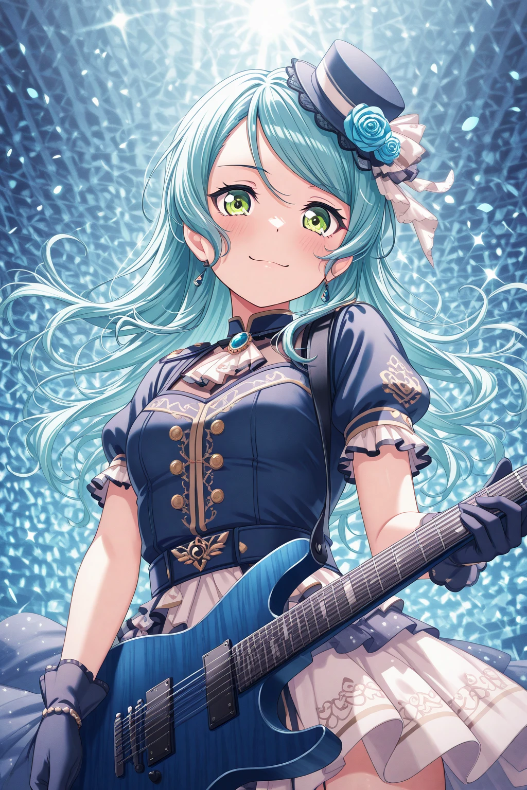 masterpiece, best quality, amazing quality, 1girl, solo, makeup, general, looking at viewer, blush, highres, cowboy shot, smile, holding instrument, electric guitar, stage, spotlight, idol, performance, sparkle, petals, stage lights, <lora:Hikawa_Sayo_Ban_Dori:1>, Hikawa_Sayo_Ban_Dori, long hair, aqua hair, green eyes, swept bangs, blue jacket, white skirt, jewelry, waist cape, rose petals, showgirl skirt, frilled gloves, blue flower, epaulettes, mini hat, frilled sleeves, hat ribbon, gem, brooch, white ribbon, blue headwear, <lora:wai-2Rectified-V140:1>, <lora:illustrious_noobai_epsilon_pred_1_masterpieces_v1:1>