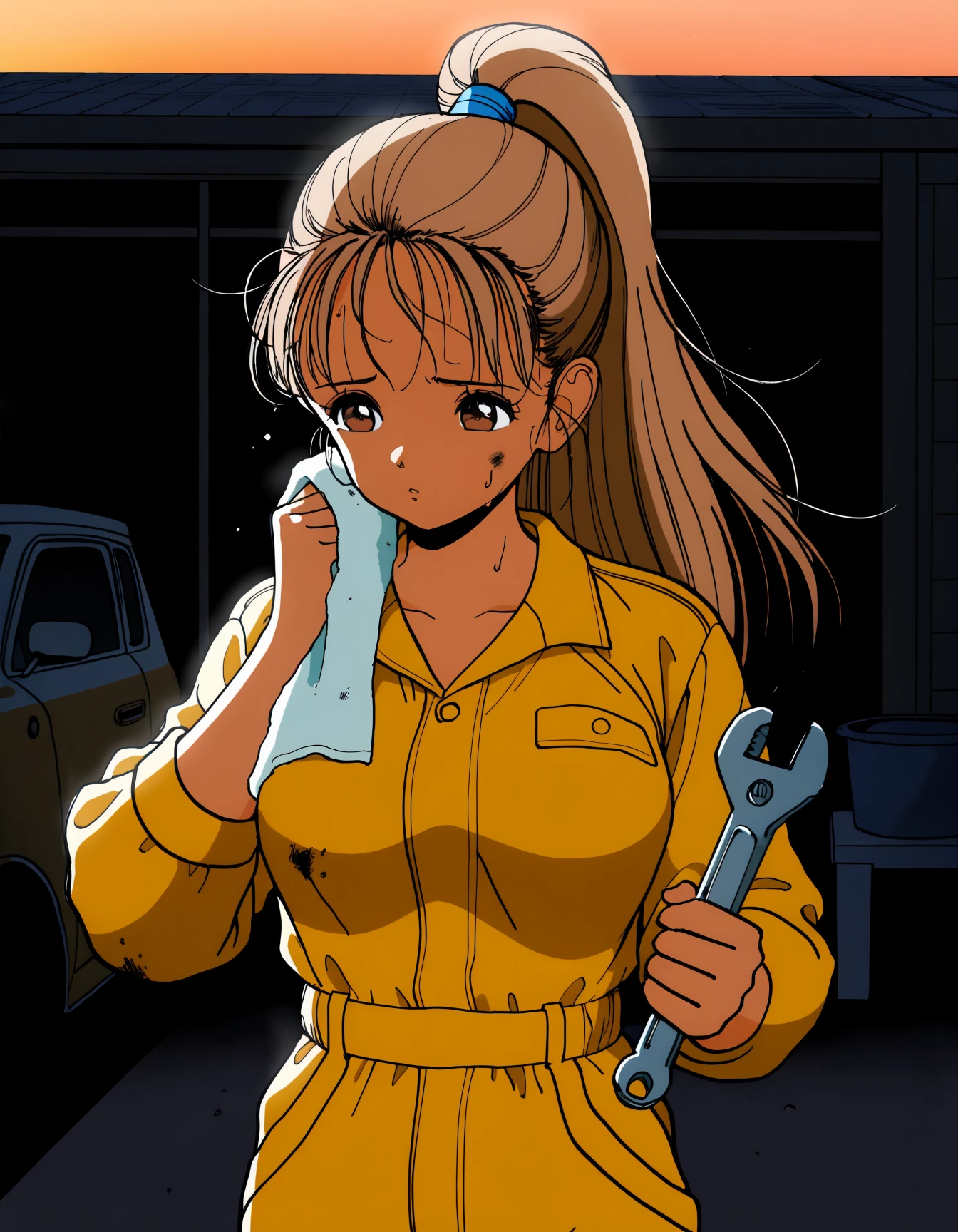 <lora:uj90s_ill_v5:1> uj90s,
1girl, brown eyes, light brown hair, long hair, high ponytail, brown eyes, medium breasts, slim, sweat,
yellow jumpsuit, (dirty clothes), holding wrench, holding towel, upper body,
tired, detailed face,
outdoors, garage, evening,
general, masterpiece, best quality,
scenery, (soft shading:1.2), detailed lighting,