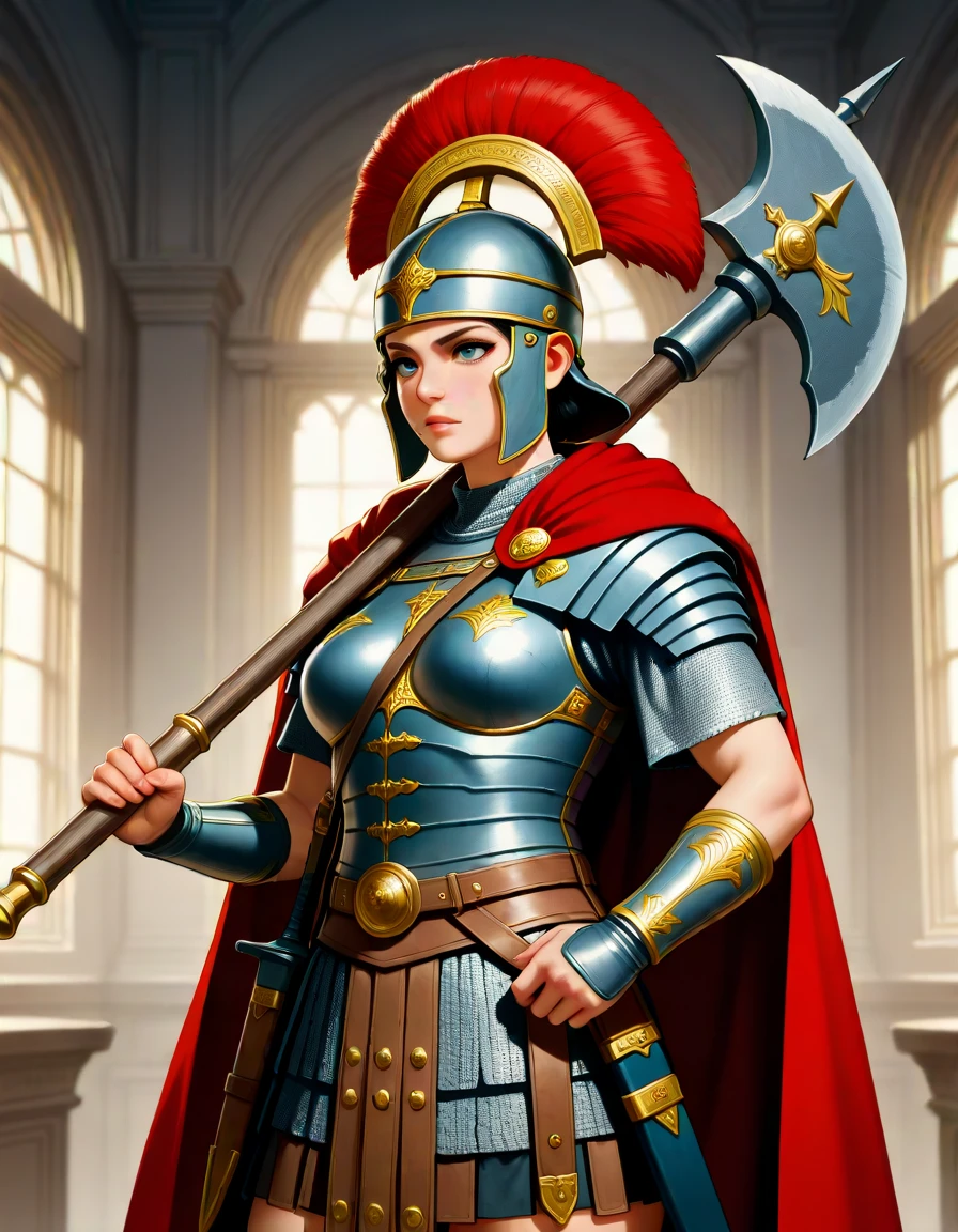 masterpiece, best_quality, very_aesthetic, highres, absurdres, ultra detailed,
<lora:negXL:0.5> <lora:RomanLegionary_IL:0.9>
romanlegionary, armor, weapon, holding, holding weapon, sheath, breastplate, cape, chainmail
holding axe, halberd,
1girl,
upper body,
holding weapon,
indoors,
Graphite,Charcoal,western comics \(style\),
, indoors, ,
,vivid colors, ,
Mid shot,