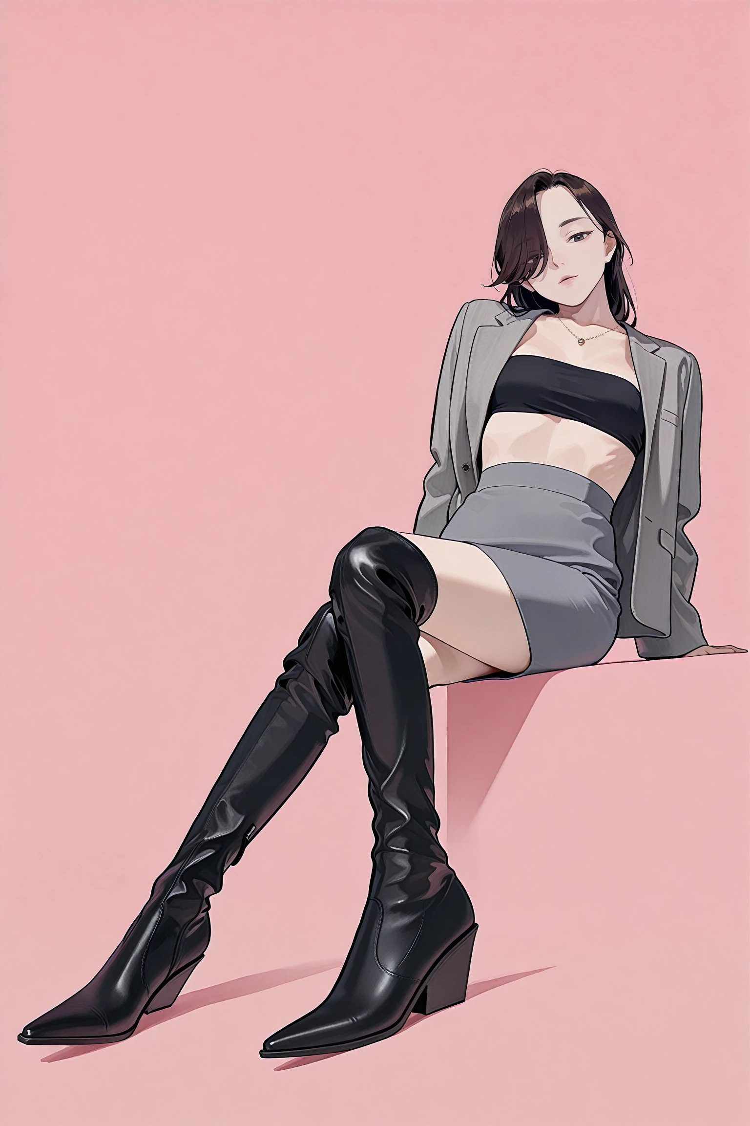 tonarino826,n0rakura,simple background,pink background,dynamic angle,foot focus,full body,
1girl,solo,mature female,slender female,skinny,narrow waist,
skirt,jacket,grey jacket,long hair,necklace,black bandeau,grey skirt,pencil skirt,black hair,midriff,brown hair,looking at viewer,open jacket,hair over one eye,seductive,relaxing,
zaracbb,thigh boots,black footwear,
masterpiece,best quality,amazing quality,very aesthetic,<lora:Tonarino826_ILL:1>,<lora:NorakuraILL_epoch_10:0.7>,<lora:ZaraCBBILL:1>,