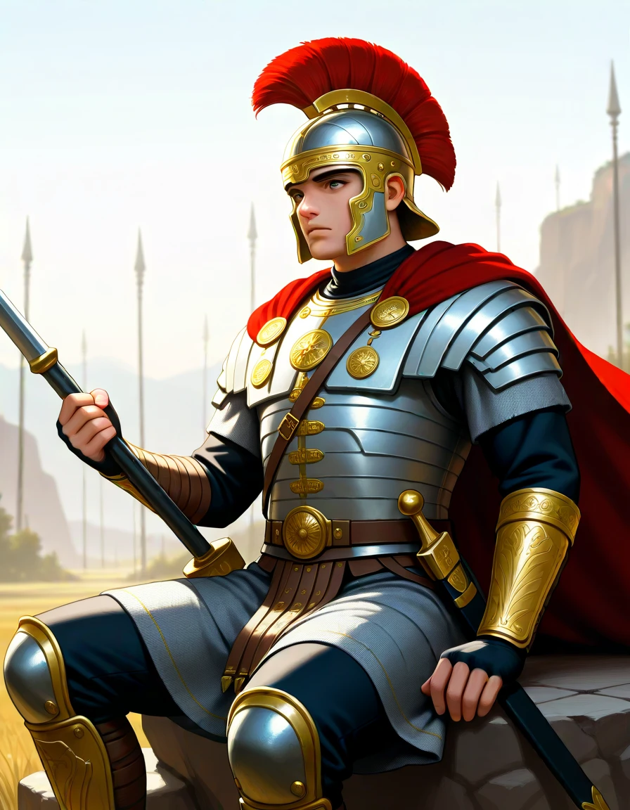 masterpiece, best_quality, very_aesthetic, highres, absurdres, ultra detailed,
<lora:negXL:0.5> <lora:RomanLegionary_IL:0.9>
romanlegionary, armor, weapon, holding, holding weapon, sheath, breastplate, cape, chainmail
holding polearm,
1boy,
upper body,
sitting,
outdoors,
anime screenshot,
, outdoors, ,
,gradient colors, ,
Portrait,