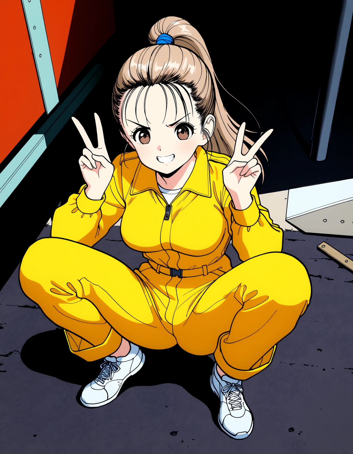 <lora:uj90s_ill_v5:1> uj90s,
1girl, brown eyes, light brown hair, long hair, high ponytail, brown eyes, medium breasts, slim,
yellow jumpsuit, squatting, spread legs, safety shoes,
v-shaped eyebrows, double v, grin, from above, detailed face,
outdoors, garage, mourning,
general, masterpiece, best quality,
scenery, (soft shading:1.2), detailed lighting,