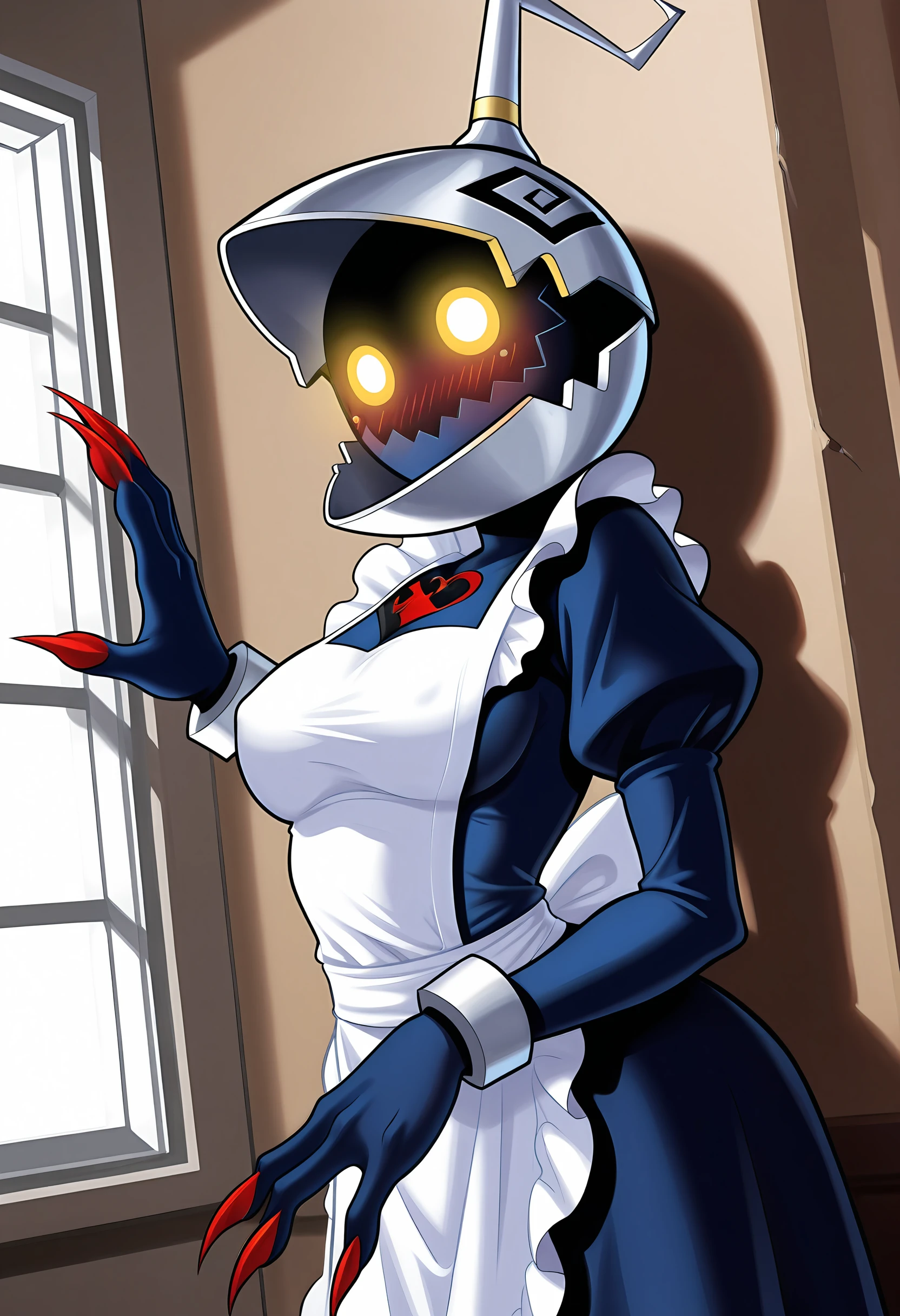 masterpiece, best quality, amazing quality, very aesthetic, absurdres, newest,  <lora:HeartlessSoldierILf:1> h4silf, faceless, yellow eyes, glowing eyes, helmet, upper body, claws, wearing maid dress, breasts, blush, solo, leaning against wall, 
indoors, window,