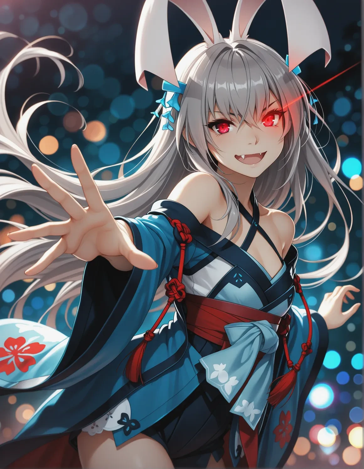 masterpiece,best quality,very aesthetic,highres,<lora:SKussssssan_ilv1:1>,sk544y4,1girl,solo,rabbit ears,bare shoulders,looking at viewer,wide sleeves,grey hair,red eyes,fang,cinematic,reaching,bokeh,floating hair,transparent,glowing eye,