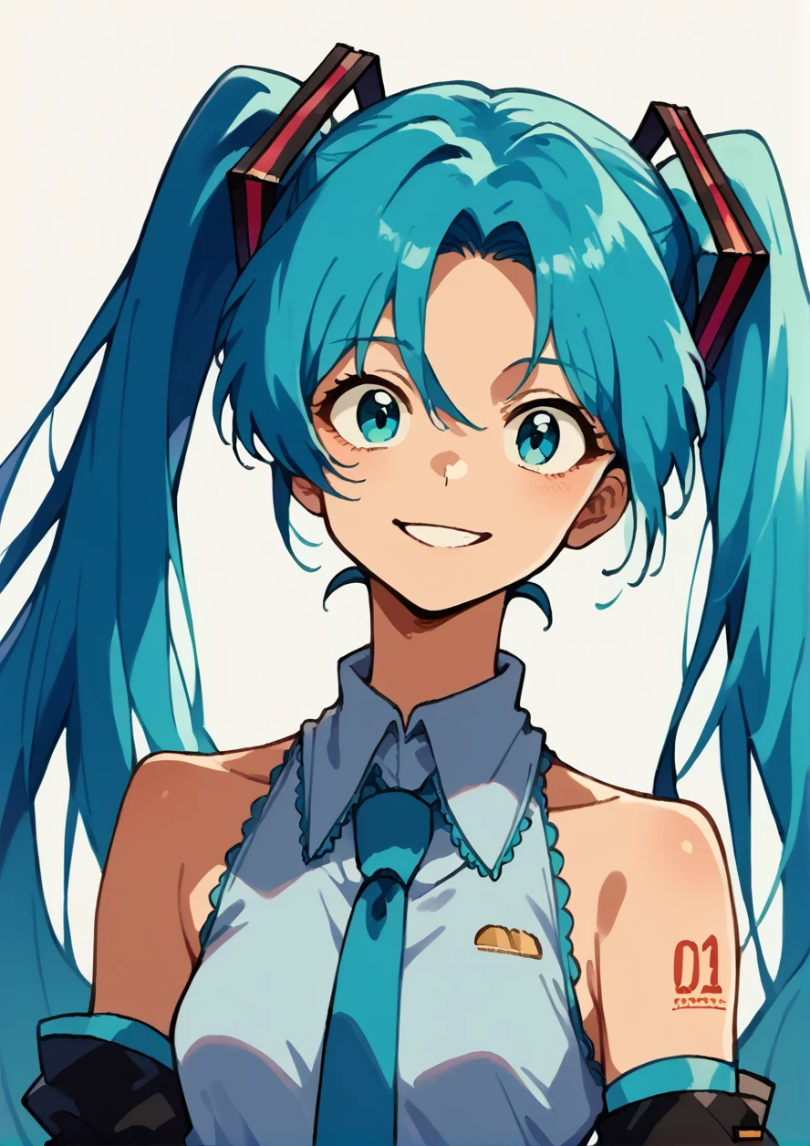 score_9, score_8up, score_7up, score_6up, source_anime, masterpiece, best quality, high quality, retro style, 1girl,solo,upper body,(portrait:1.5),looking at viewer,facing viewer,dutch angle, smile, hatsune miku,absurdly long hair,aqua hair,twintails,hair ornament,sidelocks,hair between eyes,parted bangs,aqua eyes,white shirt,collared shirt,bare shoulders,sleeveless shirt,aqua necktie,detached sleeves,black sleeves,shoulder tattoo,fringe,black thighhighs,miniskirt,pleated skirt,zettai ryouiki,thigh boots,   <lora:SakuraSakuma1982StylePony:1>,  <lora:miku-hatsune-ponyxl-lora-nochekaiser:1>