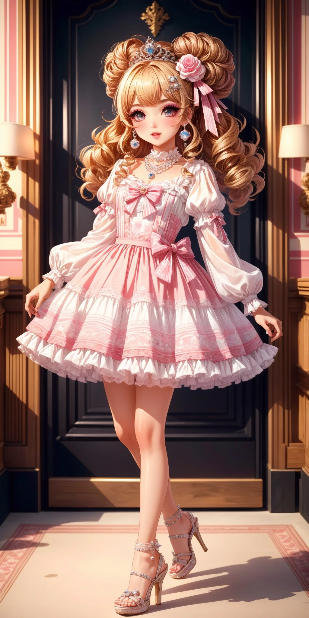 (fullbody) 1girl, big sparkling eyes, blush, full face blushing, hime gyaru, big hair, curly hair, large curls, honey blonde hair, makeup, lipstick, print clothing, floral print, plaid print, ((ornate dress, short dress : 1.2)), puffy sleeves, miniskirt, bow skirt, ruffles, frills, lace, lace trim, bows, hair ornaments, hair ribbons, ribbon headband, (princess tiara), pearl, pearl hair ornament, light cute jewelry, necklace, heels, pink theme, white theme, <lora:more_details:0.7>, <lora:scene_:0.5>, <lora:FashionComplexityEnhancerLORAv1:0.4>, <lora:b0f12bd0-2b72-441b-994e-54c9fc47df3f:0.6>, <lora:96073874-f082-4683-942e-601cecac5c40:0.3>, <lora:f7d08feb-f21d-42d0-9ef1-a9481867524d:0.3>, <lora:5844635f-c9c3-4f9e-85c4-d0d40f201159:0.3>, <lora:betterLight_v10:0.3>, ,