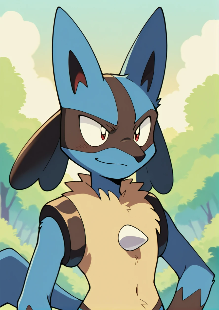 masterpiece, best quality, high quality, retro style, 1boy, luc4r10, pokemon (furry), upper body, smile, outdoors, <lora:SakuraSakuma1982Style:1>,  <lora:lucario_no_pants_tag:1>