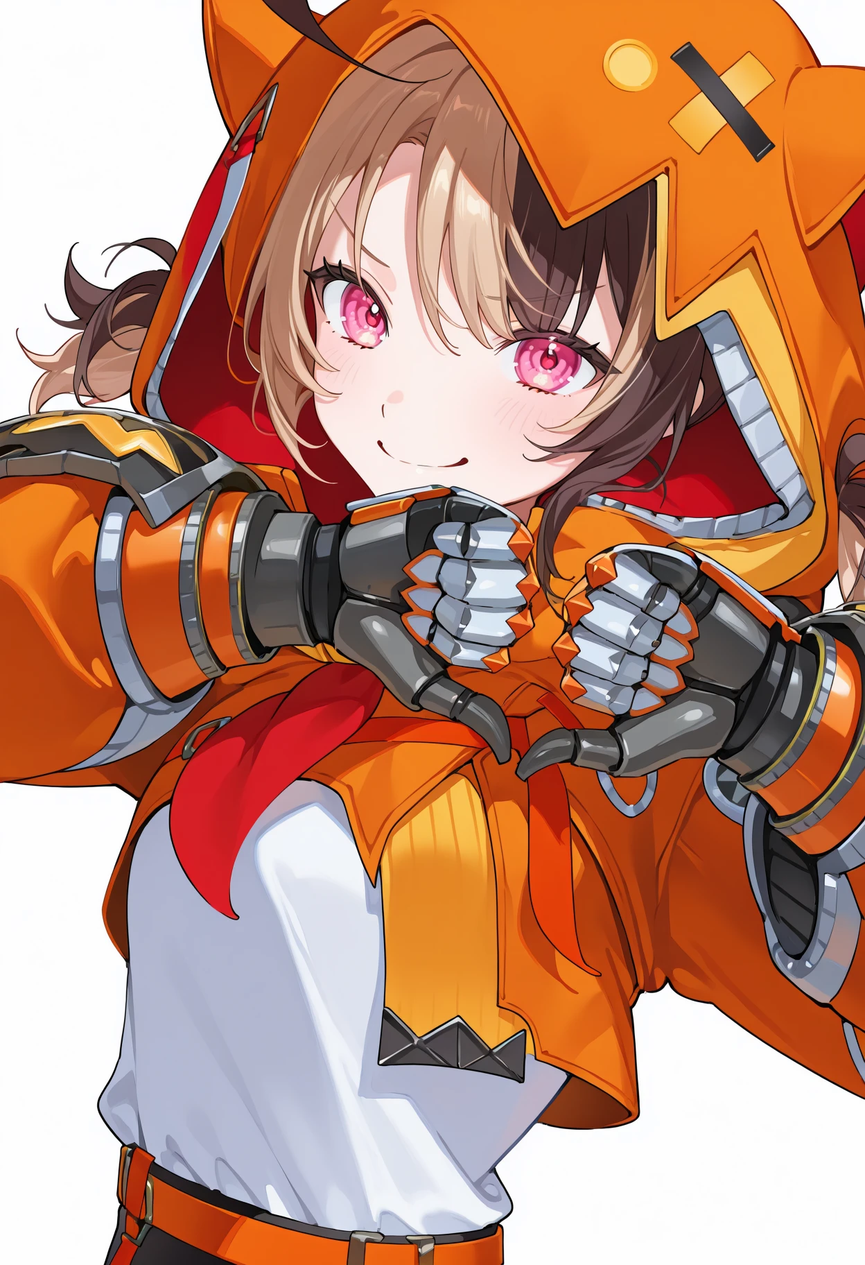 1girl, thumbs down heart hands, smile, <lora:thumbs_down_heart_hands-06v2:1> <lora:ChamGigiMurinIllustriousXL:1> GigiBase, pink eyes, multicolored hair, short twintails, ahoge, animal hood, hood up, orange jacket, cropped jacket, white shirt, mechanical gauntlets, orange belt, black shorts, upper body, simple background, white background,