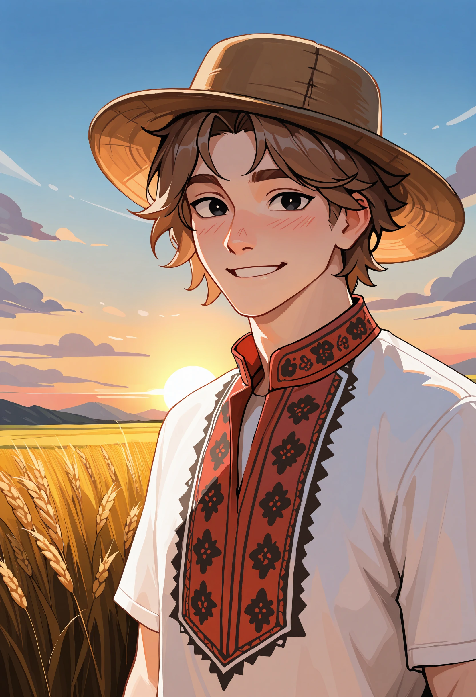 <lora:vyshyvanka_Illustrious_Mlaofmd-10:1.0>, <lora:myOC_Illustrious_Mlaofmd-10:1.0>, masterpiece, best quality, newest, absurdres, highres, perfect anatomy, 1boy, mlao, brown hat, brown hair, white skin, black eyes, vyshyvanka, white shirt, red pattern, looking at viewer, smile, sunset, wheat field, detailed background