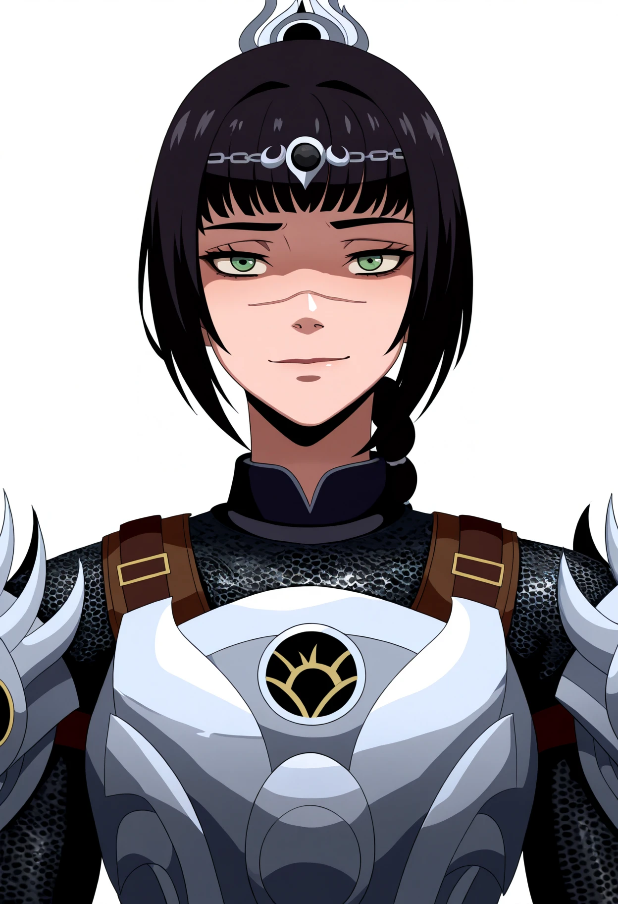 best quality, amazing quality, very aesthetic, absurdres,
1girl, shadowheart, black hair, braided ponytail, green eyes, scar on face, circlet, armor,
solo,
smile, looking at viewer, upper body, simple background, white background <lora:ShadowHeartIllustrious_byKonan:0.8> , <lora:GeafcartNoob_byKonan:1>