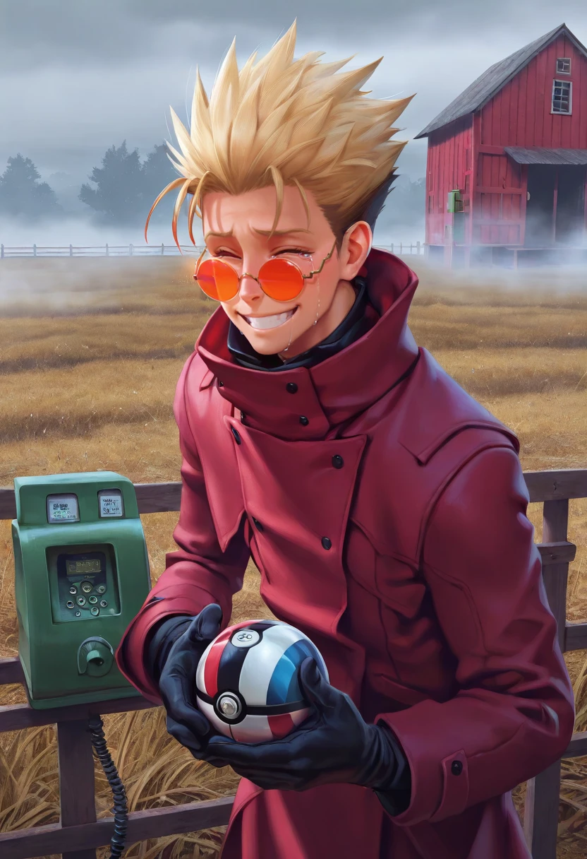 , masterpiece,best quality,amazing quality,  <lora:Vash_the_Stampede:1> 1boy,  solo,  VshV1,  black gloves, orange tinted eyewear, red coat, 
carrying stacking_ultra_ball, payphone, curled_up, crying, ;<, grin, barn , fog, handrail