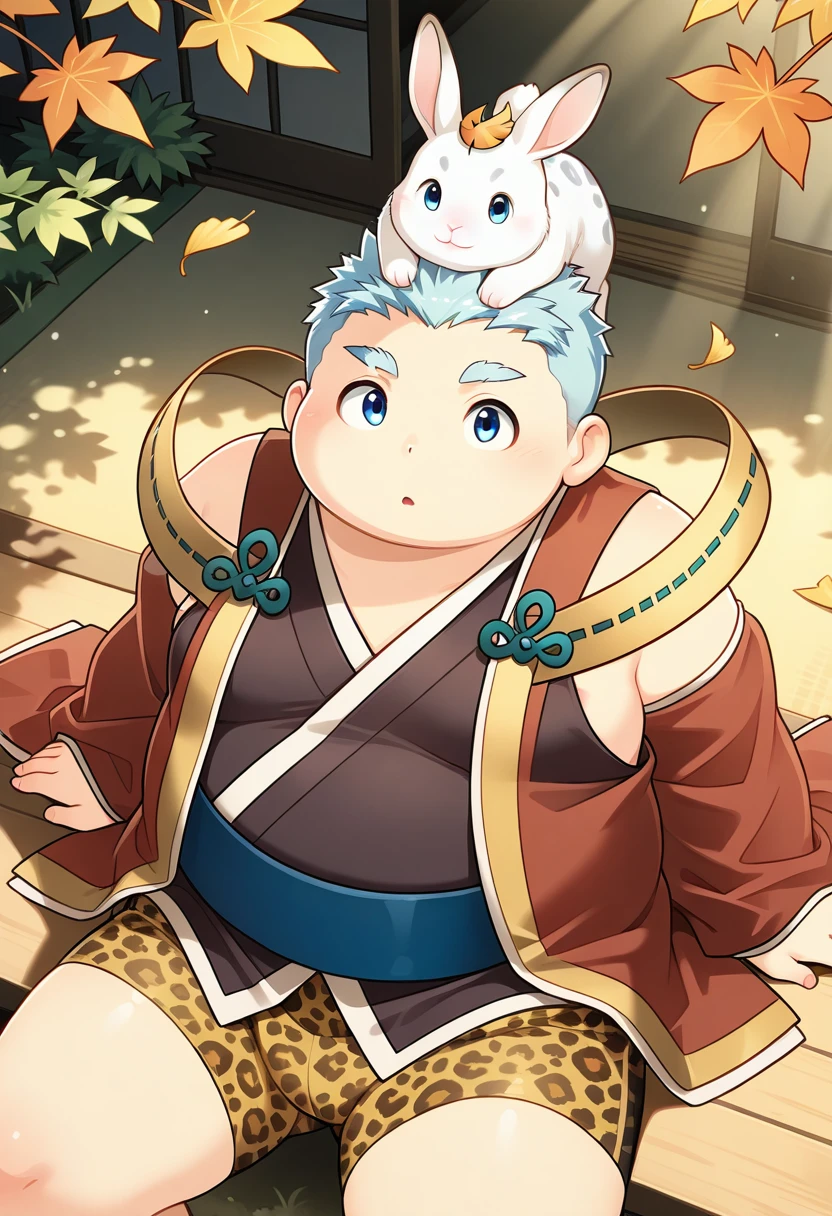(((detailed eyes, detailed face))), (bara, oumi <lora:character_oumi_findigo_v2:1>, dragon tail, wings, scar), male, (plump, fat, chubby, overweight), (closed kimono, thick belt, fundoshi, white male underwear, sandals), spreading, arms behind back, smile BREAK (konzaburou, ukan_muri, cute), bedroom, (soft shading), 8k, UHD, masterpiece