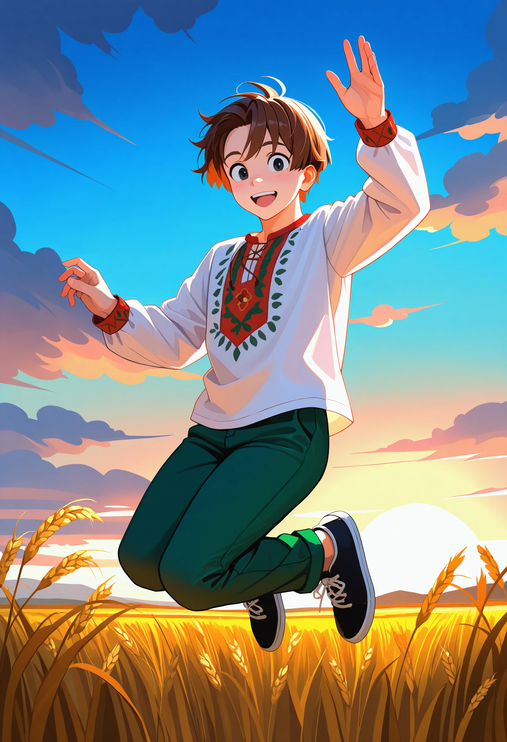 <lora:vyshyvanka_Illustrious_Mlaofmd-10:1.0>, <lora:baconHair_Illustrious_Mlaofmd-10:1.0> masterpiece, best quality, newest, absurdres, highres, perfect anatomy, 1boy, bac0n, brown hair, white skin, black eyes, vyshyvanka, white shirt, long sleeves, red pattern, green pants, black shoes, looking at viewer, smile, happy, open mouth, jumping, dynamic pose, sunset, wheat field, detailed background, from below