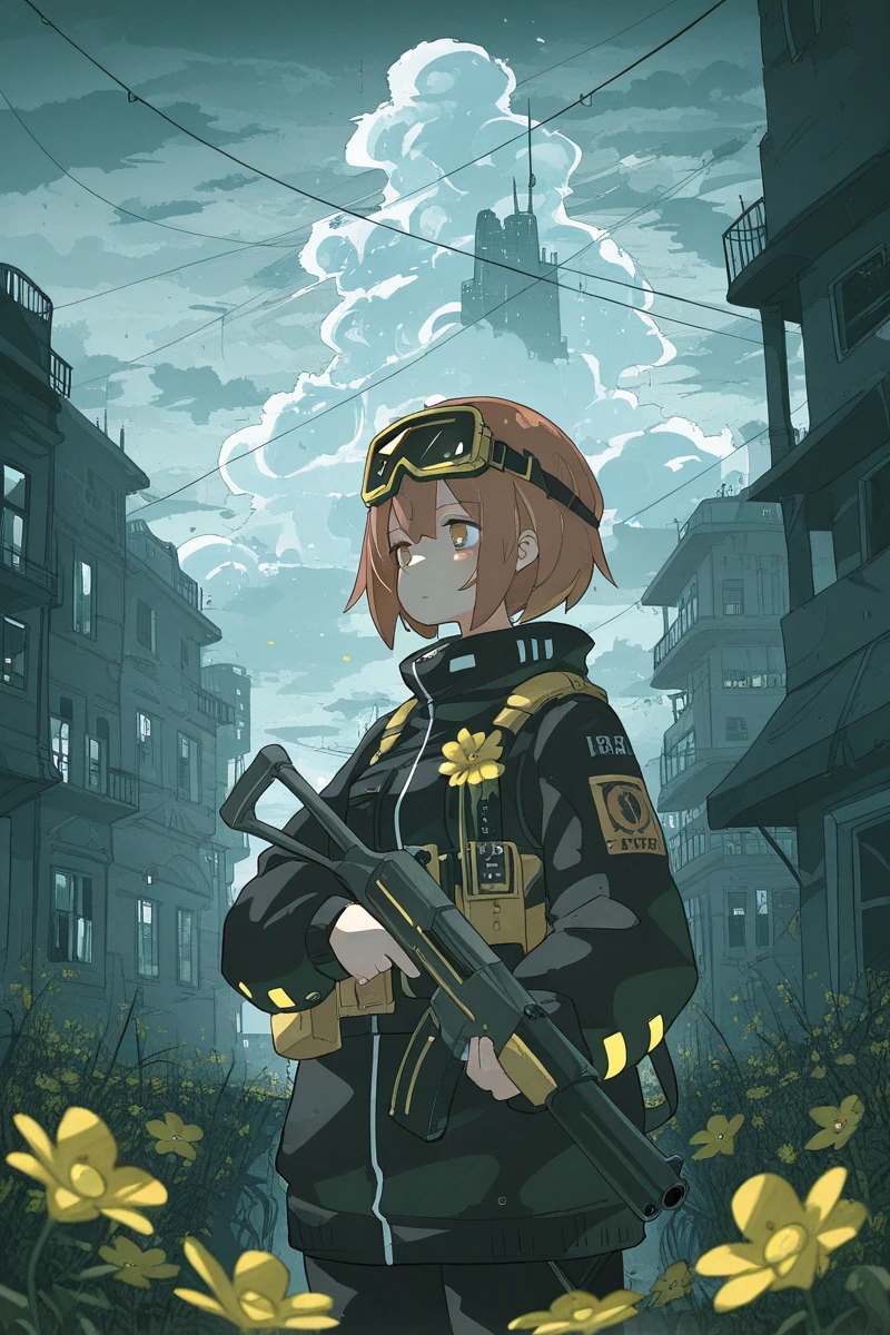 masterpiece, best quality, amazing quality,
<lora:Haru579_IL:1> harust, flower, brown hair, cloud, goggles, gun, holding, short hair, goggles on head, weapon, sky, long sleeves, building, cloudy sky, yellow flower, holding gun, holding weapon, 1girl, jacket, solo, black jacket, outdoors