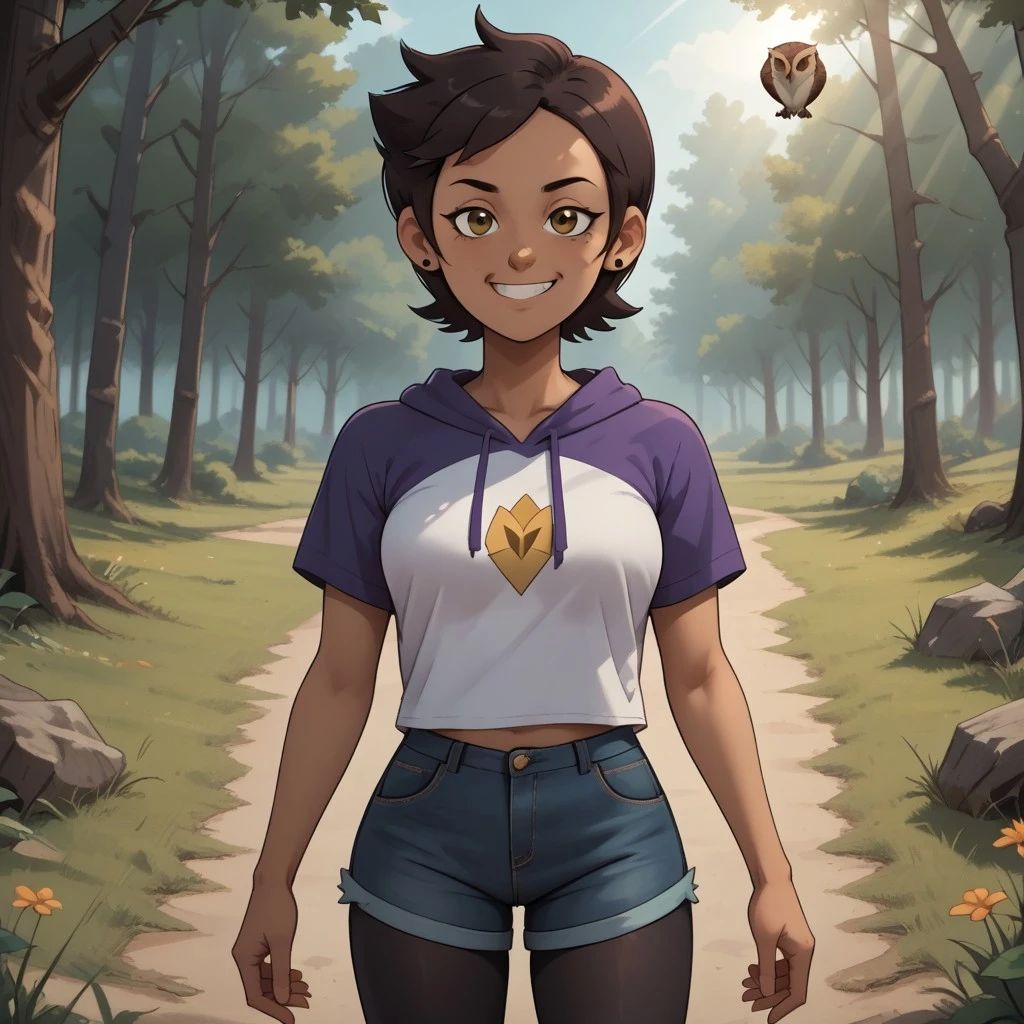 score_9, score_8, BREAK, solo, Luz_Noceda_(The_Owl_House), brown hair, short hair, brown eyes, dark skin, dark skin female, hoodie, hood down, short sleeves, purple shirt, white shirt, denim shorts, black leggings, leggings under shorts, self portrait, smile, looking at viewer, outdoors, sunlight, shadows, evening lighting, natural lighting, forest, trees, grass, orange sky, sunset