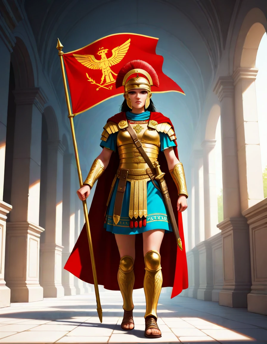 masterpiece, best_quality, very_aesthetic, highres, absurdres, ultra detailed,
<lora:negXL:0.5> <lora:RomanLegionary_IL:1> 
romanlegionary, armor, weapon, holding, holding weapon, sheath, breastplate, cape, chainmail
holding flag,
 1girl,  
full body,  
standing, 
simple background, 
  Oil paint
, indoors, , 
,pastel colors,  , 
Macro shot,