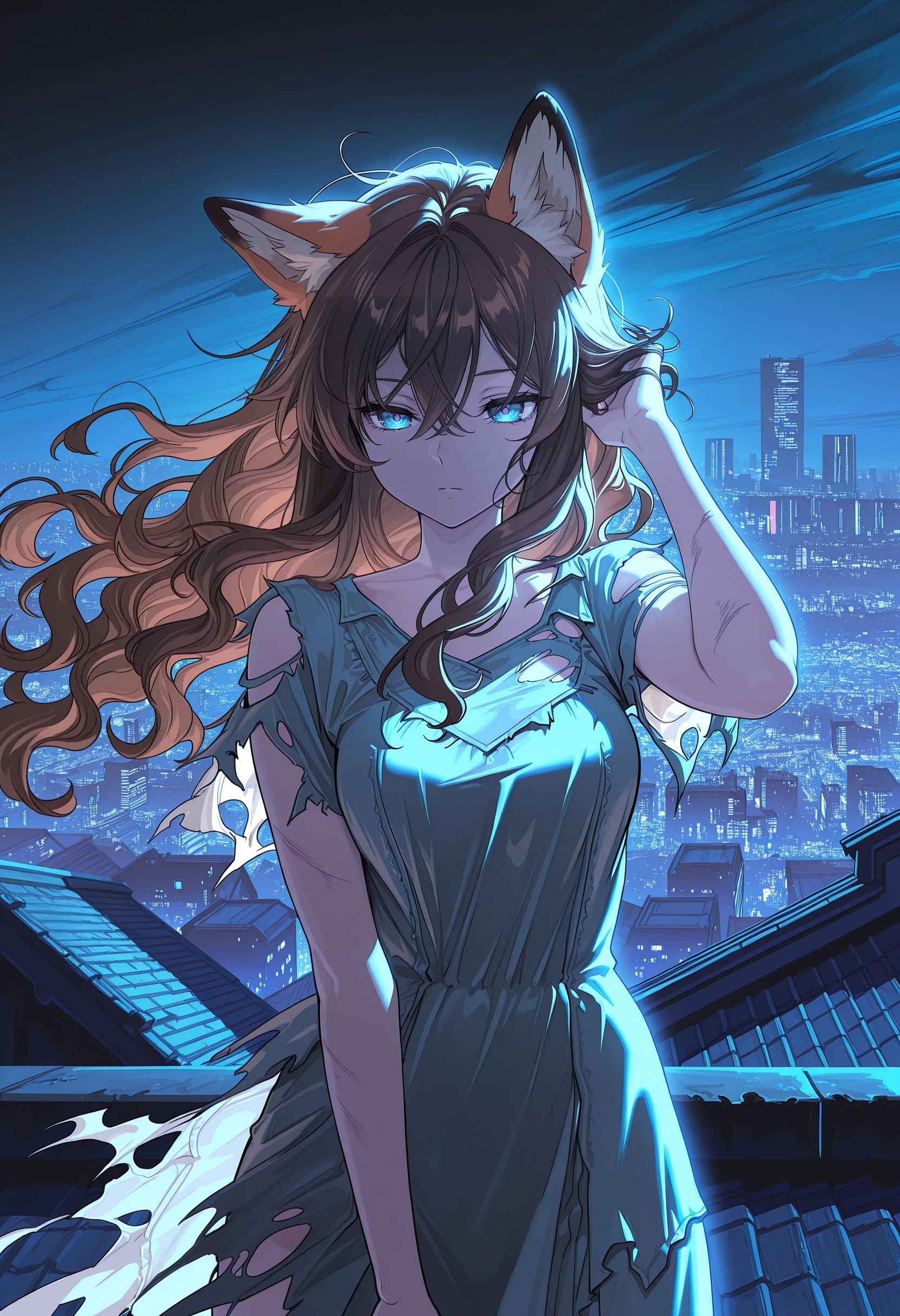 masterpiece,best quality,amazing quality, 1girl, fox girl, brown hair, wavy hair, long hair, hair between eyes, blue eyes, torn clothes, cowboy shirt, dress, wind, general, torn sleeves, torn dress, adjusting hair, night, cityscape, roof,
<lora:Torn Burnt Clothes (Illustrious) v1:1.0>