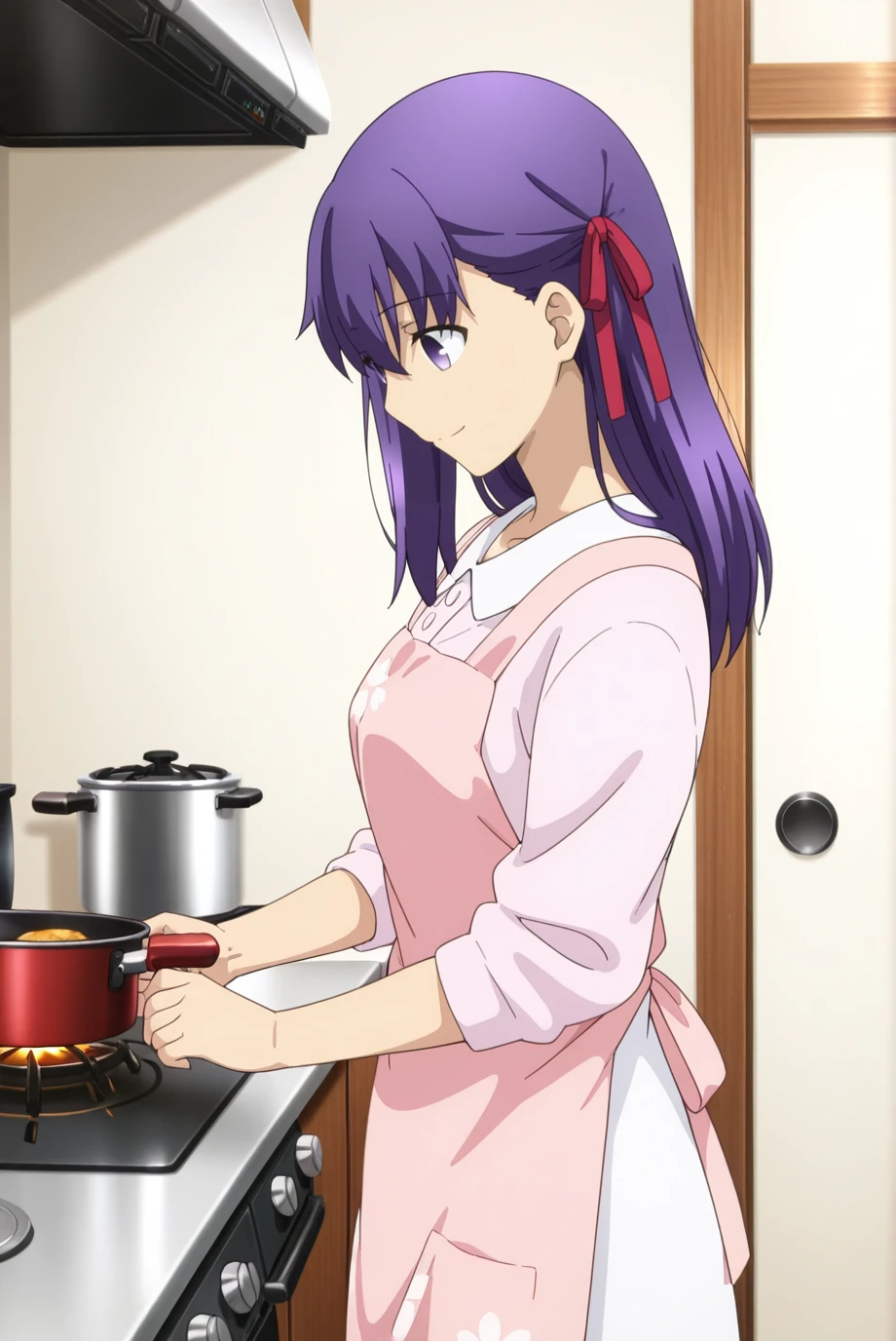 absurdres, masterpiece, best quality, very aesthetic, 1girl, solo,
<lora:SakuraMatou-IL-v1-08:0.9>, ChopioSakuraMatou, long hair, purple hair, hair between eyes, purple eyes, no pupils, red ribbon, hair ribbon,
anime coloring,
outfit_2, collared dress, pink cardigan, long sleeves, white dress, pink apron, sleeves pushed up, 
indoors, japanese kitchen, standing, from side, stove, pan, looking down, smile,