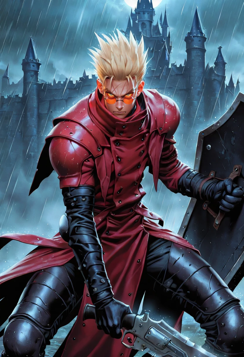, masterpiece,best quality,amazing quality, western comics \(style\), Vshv1, 1boy, solo, _black gloves, orange_tinted_eyewears, red_coat, serious, scar on face, fantasy, armor, pauldrons, dynamic pose, black castle, rain, holding gun, gunblade, shield, holding shield, fighting stance, <lora:Vash_the_Stampede-000009:1>