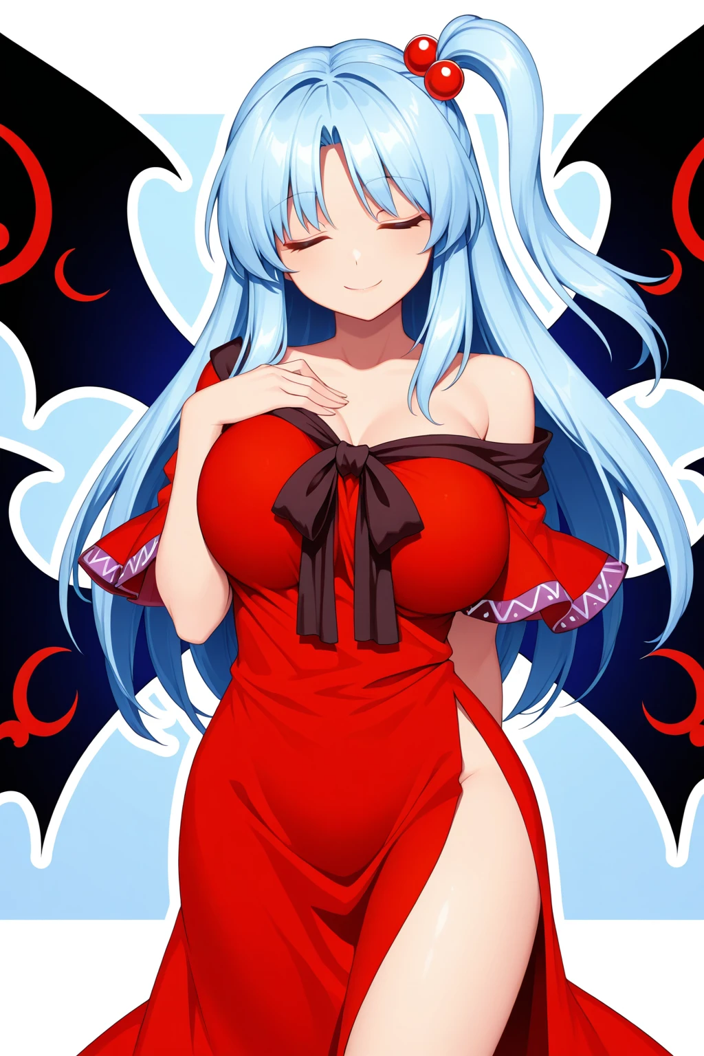 shinki \(touhou\), 1girl, blue hair, breasts, closed eyes, dress, hair bobbles, hair ornament, hand on own chest, large breasts, off shoulder, one side up, outline, red dress, side slit, smile, solo, wings, masterpiece, best quality