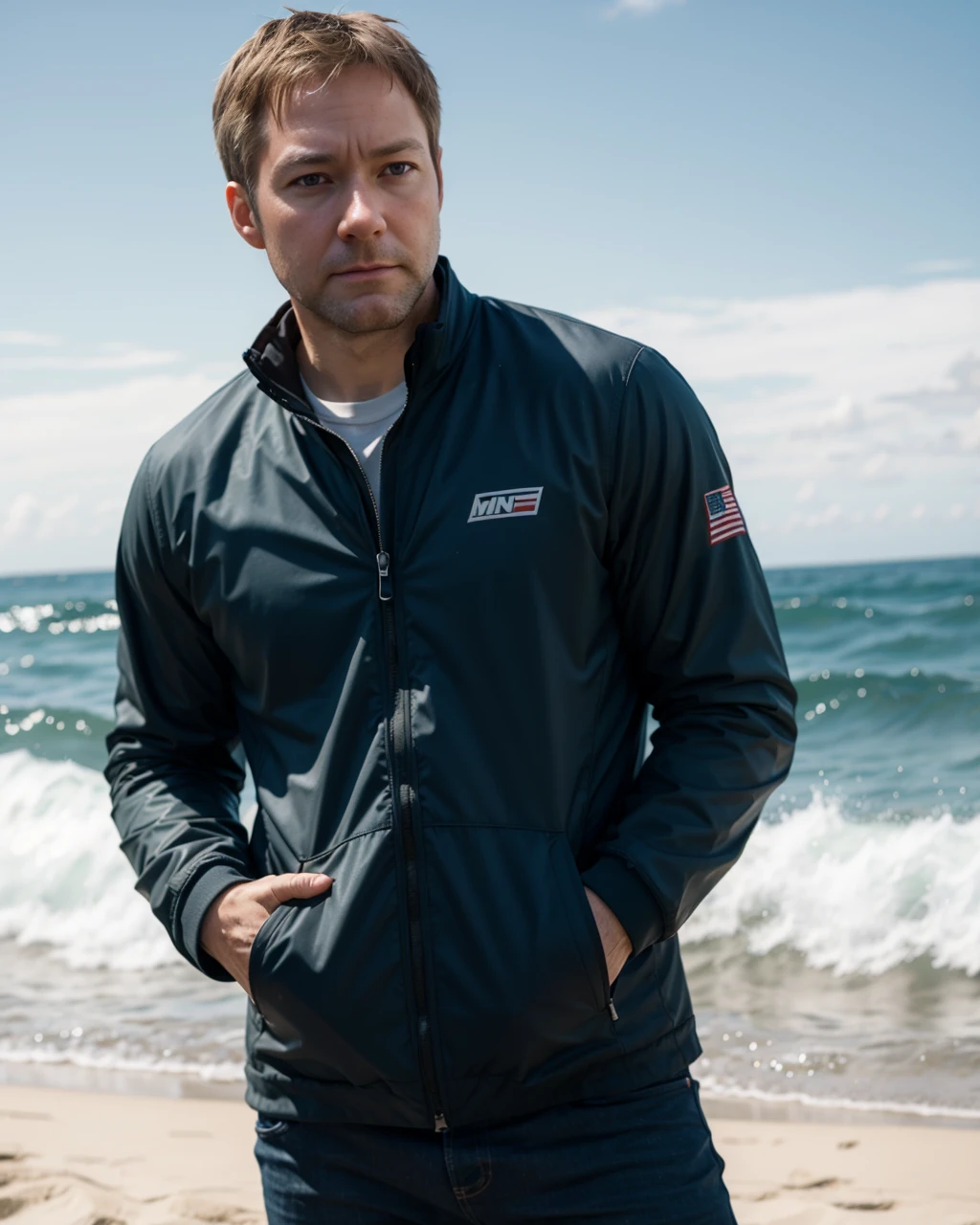 man, trevorGNRC, careful economics, serious expression, fleece jacket, beach tournament setup