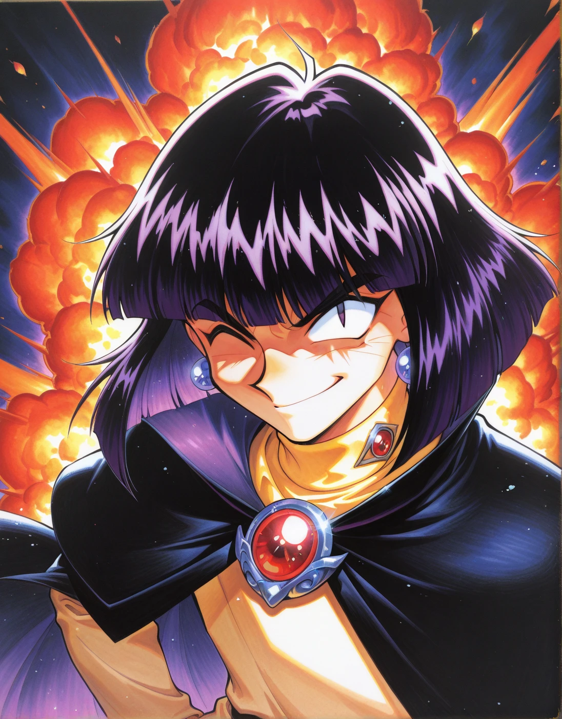 masterwork, masterpiece, highres, absurdres, 8k, uhd, high detailed face, absolutly gorgeous, very aesthetic, high detailed eyes, perfect eyes, dynamic light, dynamic angle, depth of field, <lora:Slayers-Artstyle:1>, sl4y3rs-style, closed eyes, ^ ^, v-shaped eyebrows, solo, jewelry, fire, earrings, 1boy, purple hair, short hair, flame, closed mouth, long sleeves, upper body, bangs, dress, gem, smile, cloud, high collar, black hair, brooch, black cape, yellow shirt, bob cut, explosion background, male focus, traditional media, shaded face, one eye open, evil smile, evil grin, 1990s (styles), retro artstyle, xellos, masterpiece, best quality, amazing quality, masterwork, cinematic light, harsh shadows, light and shadows, perfect composition