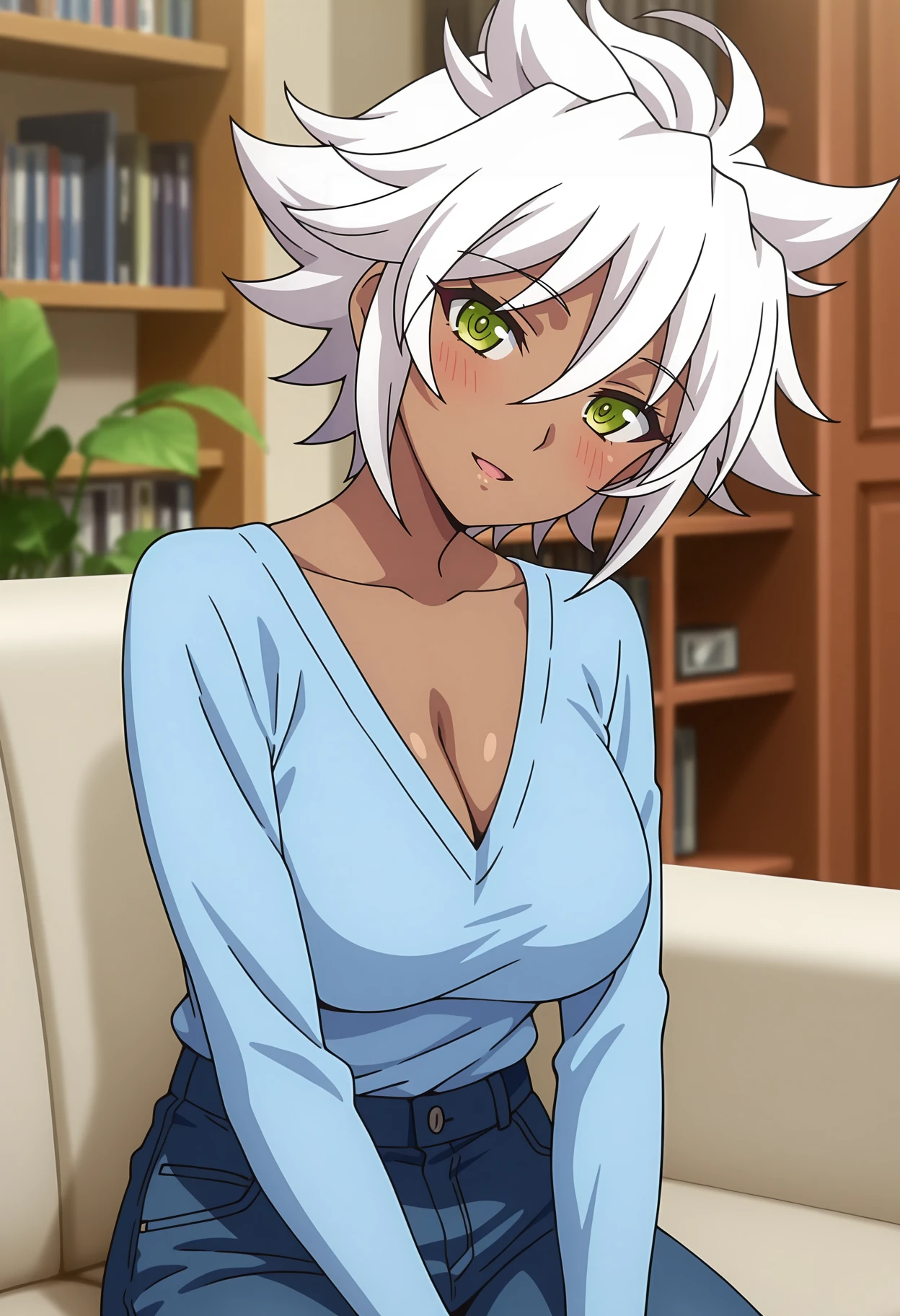 <lora:Altria Grem:1> Altria Grem, breasts, 1girl, cleavage, solo, white hair, large breasts, hair between eyes, dark skin, shirt, dark-skinned female, looking at viewer, upper body, white shirt, orange eyes, collarbone, indoors, smirk, ((Shonen Style)), (detailed background, intricate background:1.1), beautiful ((Extremely Detailed)), ((Best Quality)), ((Masterpiece)), ((4k))