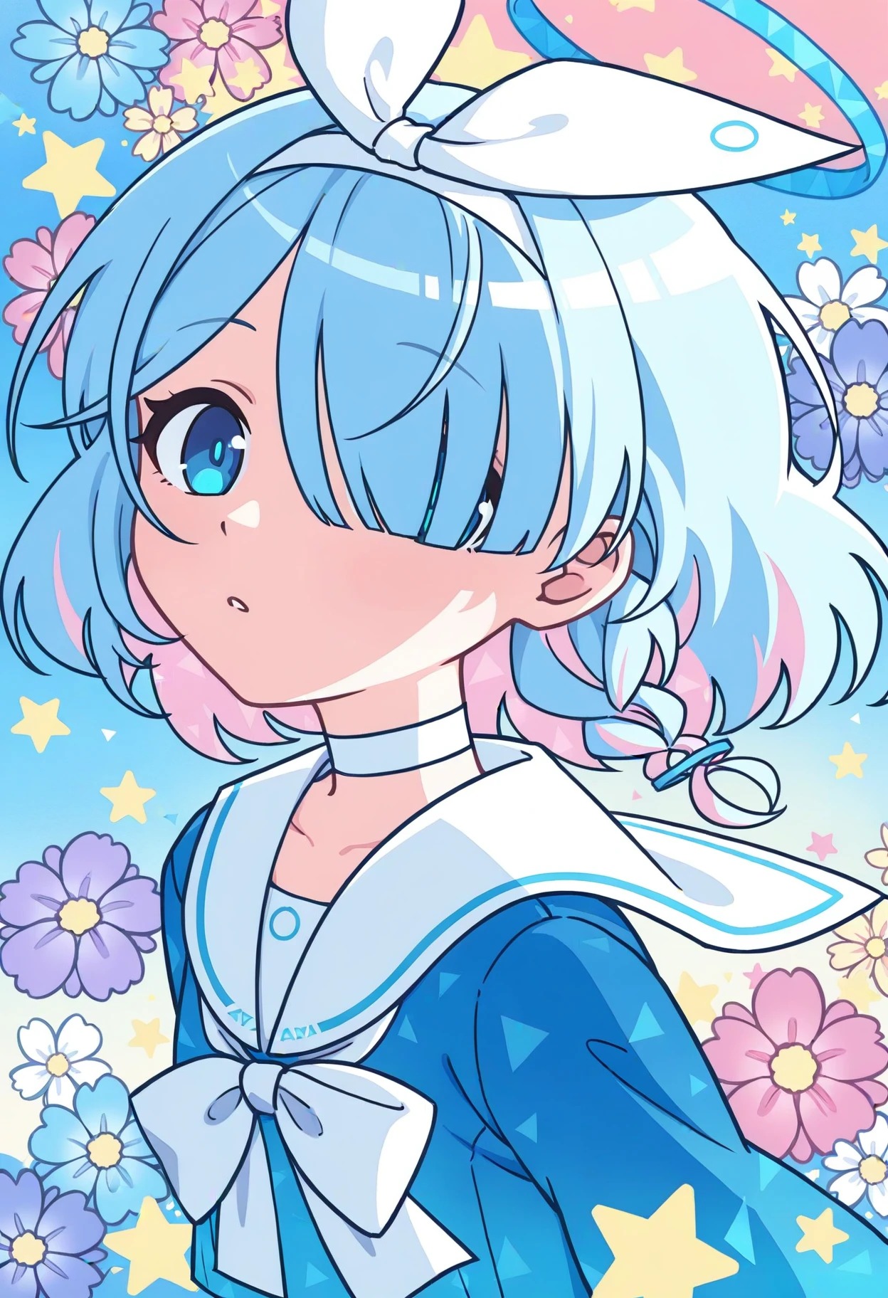 kiriaina,blue archive,arona \(blue archive\),1girl,blue eyes,blue hair,blue shirt,bow,colorful,flower,hair bow,hair over one eye,looking at viewer,sailor collar,shirt,solo,star \(symbol\),upper body,white bow,white sailor collar,