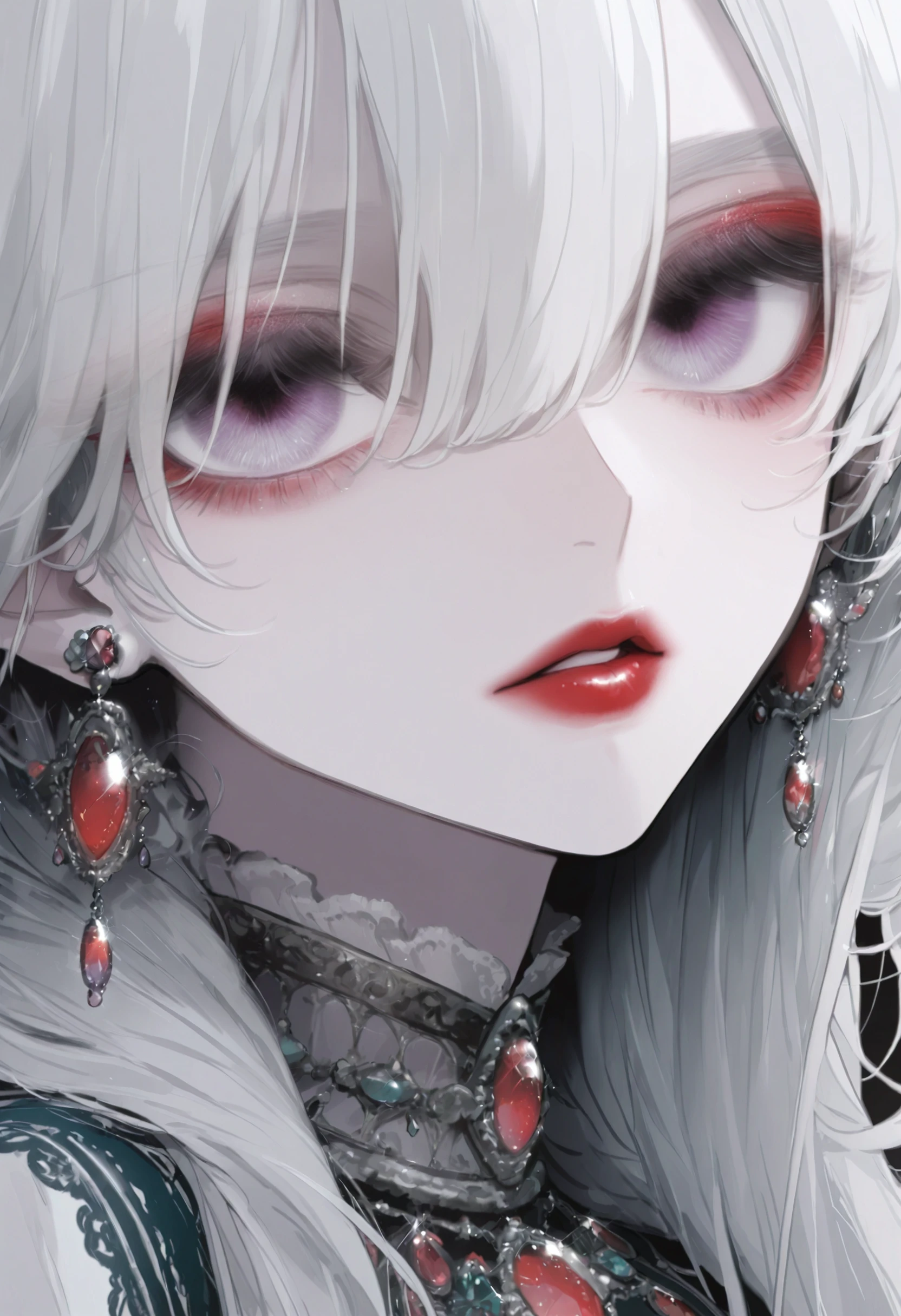 <lora:bmEybWVndV9f-illustriousXL_v01_V5-CAME-000035>, 1girl, solo, jewelry, earrings, purple eyes, portrait, white background, red lips, parted lips, looking at viewer, long hair, simple background, hair between eyes, white hair, grey hair, lipstick, gem, makeup