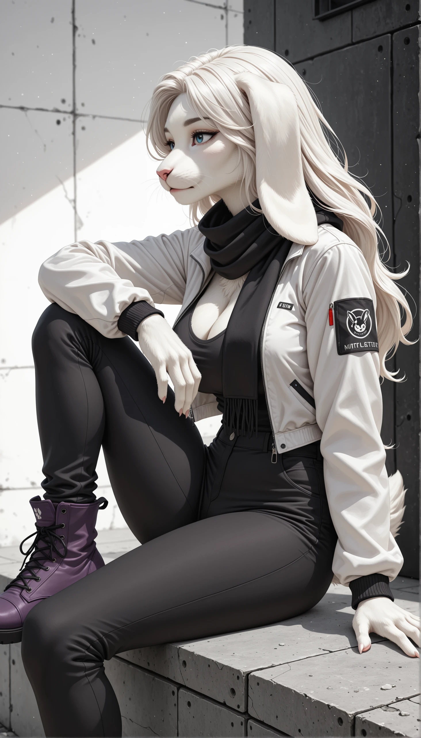 masterpiece, best quality, newest, absurdres, amazing quality, anthro, furry,

1girl, solo,

cowboy shot, from side,

(rabbit:1.0), blue eyes, white hair, (long hair:1.0), white fur, (:1.0), floppy ears,

white jacket, black scarf, black pants, purple boots,

sitting, knee up, looking away, arm on knee,

white background, abstract background,

eruca, realistic, depth of field, detailed background,