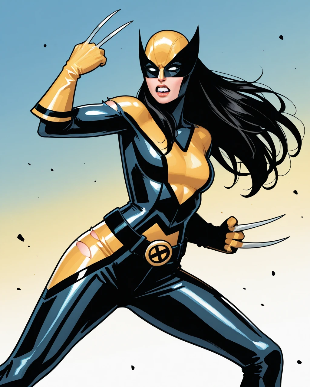 close-up of a woman in a yellow and black suit, full body portrait of Jean Gray, silk ghost, outcast woman, inspired by Mike Deodato, Cool pose, Jean Gray, X-Man Yellow Costume, rogue anime girl, красивая outcast woman, profile shot, mike deodato jr, Wolverine's Action Pose, portrait of Jean Gray, portrait of outcast woman