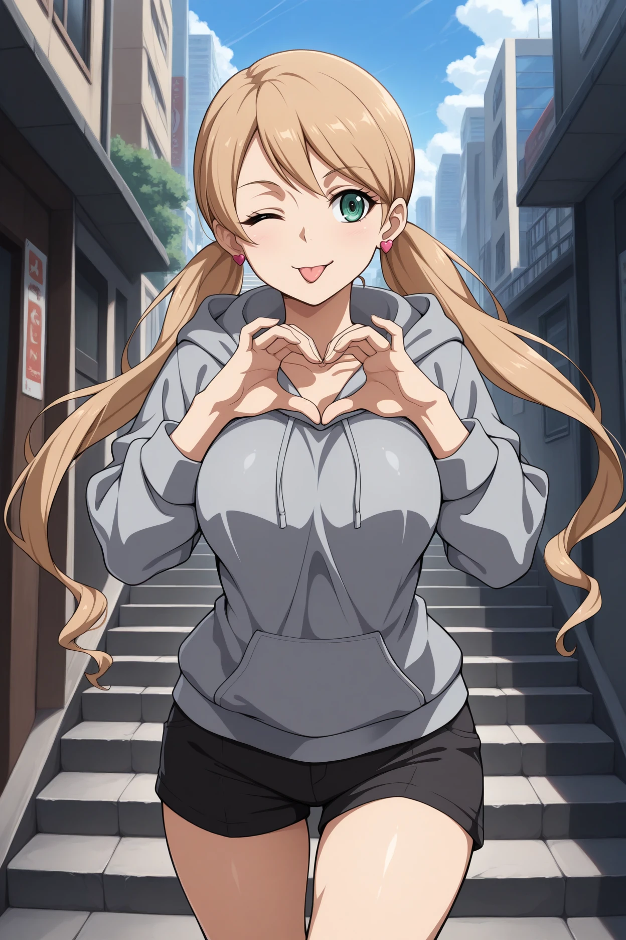 masterpiece, best quality, 1girl, solo, <lora:lafterfrankland-illu-nvwls-v1-000007:1> lftrfld, low twintails, light brown hair, long hair, green eyes, big breasts, heart earrings, grey hoodie, wink, tongue, black shorts, cowboy shot, sky, city street, stairs, heart hands
