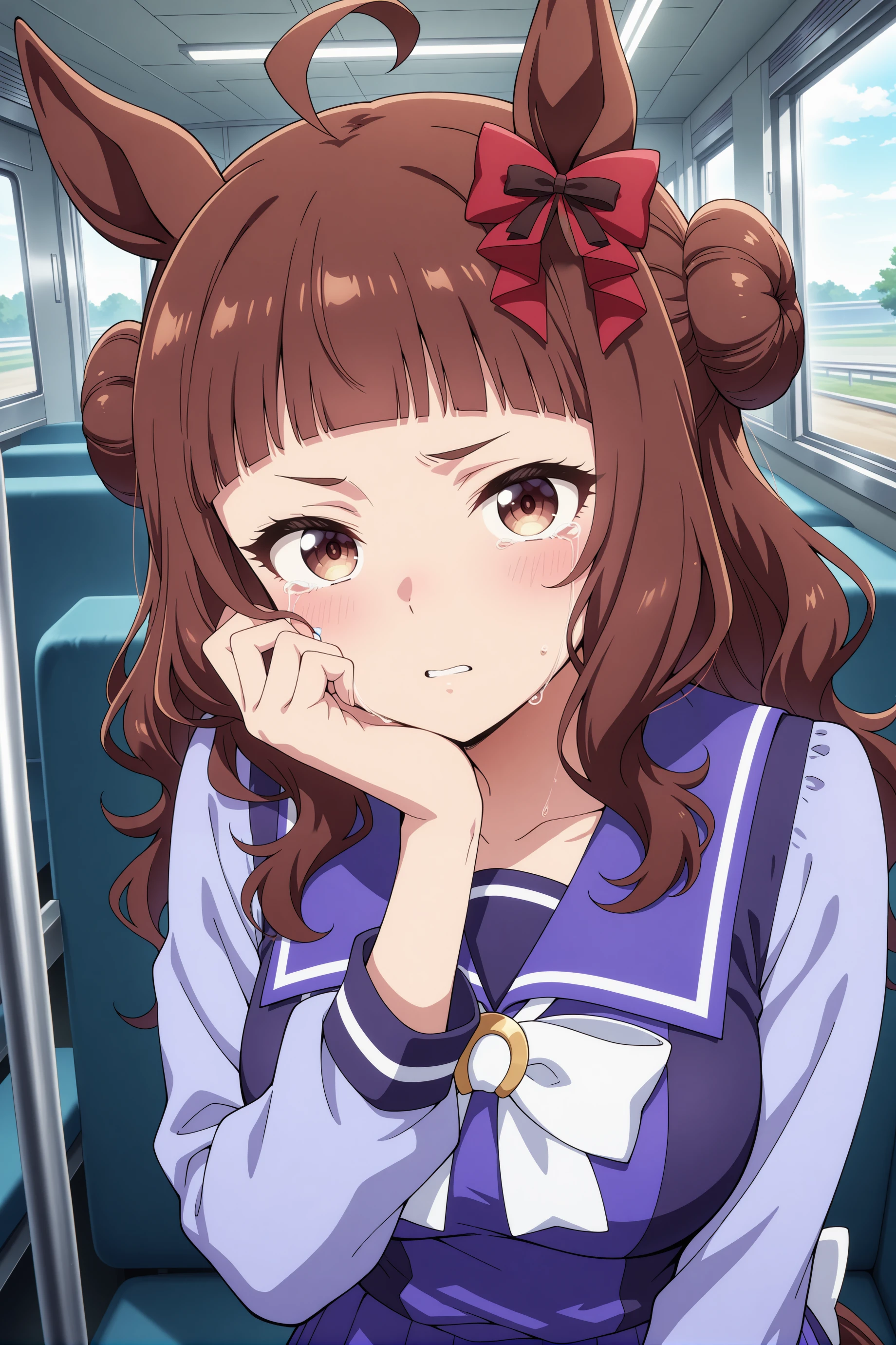 1girl, dynam heroine, umamusume, horse girl, solo,
long hair, ahoge, blunt bangs, brown hair, hair bun, red bow, brown eyes, medium breasts, wavy hair, ear ornament,
<lora:dynamheroine_Illust_v1:0.8>
tracen school uniform, winter uniform,
dutch angle, fisheye lens, looking at viewer, sobbing, parted lips,on bus,
(masterpiece, best quality, newest, highres), (anime coloring:1.5), (anime screenshot:1.5)