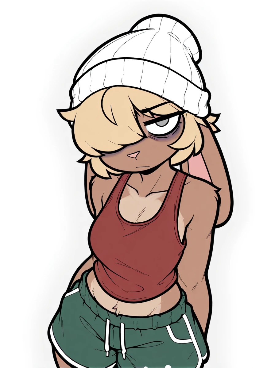 digital media \(artwork\), (masterpiece, high quality, best quality, 8k uhd, absurd res, very aesthetic, newest), <lora:Moody-Illus:0.7> lagomorph, anthro, blonde hairr, tan body, brown fur, short hair, hair over eye, grey eye, red tanktop, green shorts, white beanie, bored expression, eye bags