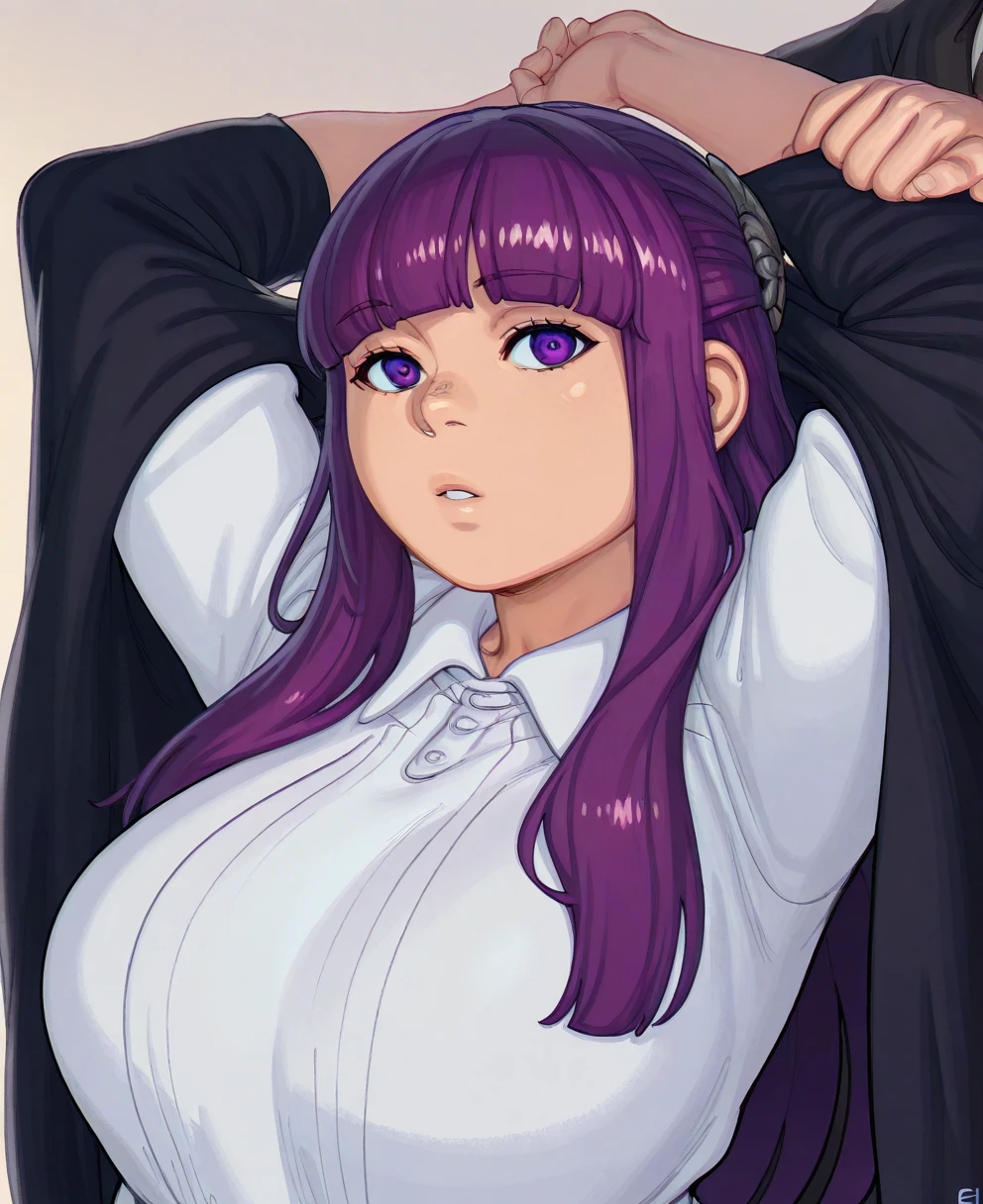 <lora:eigakaCIVITAI:1> eigaka,
(masterpiece), (best quality), (ultra-detailed), amazing quality, very aesthetic, illustration, perfect composition, intricate details, absurdres, incredibly absurdres, shiny skin, realistic,
topoffk1ck1x, phase2, undressing, arms up, head in shirt, head out of frame ,
1girl, fern, sousou no frieren, FernBase, purple eyes, purple hair, long hair, half updo, hair ornament, white dress, collared dress, black robe, <lora:SousouNoFrieren_Fern_IlluXL:1>,