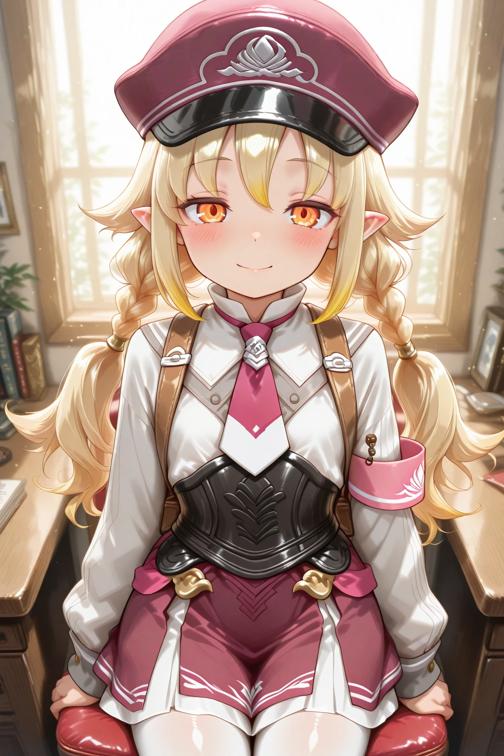 masterpiece, best quality, amazing quality, 1girl, solo, makeup, general, looking at viewer, blush, highres, cowboy shot, sit on chair, office, smile, <lora:RF5_Livia_v1_1:1>, RF5_Livia_v1_1, blonde hair, long hair, multicolored hair, twin braids, low twintails, orange eyes, hair between eyes, pointy ears, sidelocks, flat chest, peaked cap, necktie, shirt, long sleeves, pink armband, pantyhose, skirt, bag, jacket, <lora:wai-2Rectified-V140:1>, <lora:illustrious_noobai_epsilon_pred_1_masterpieces_v1:1>