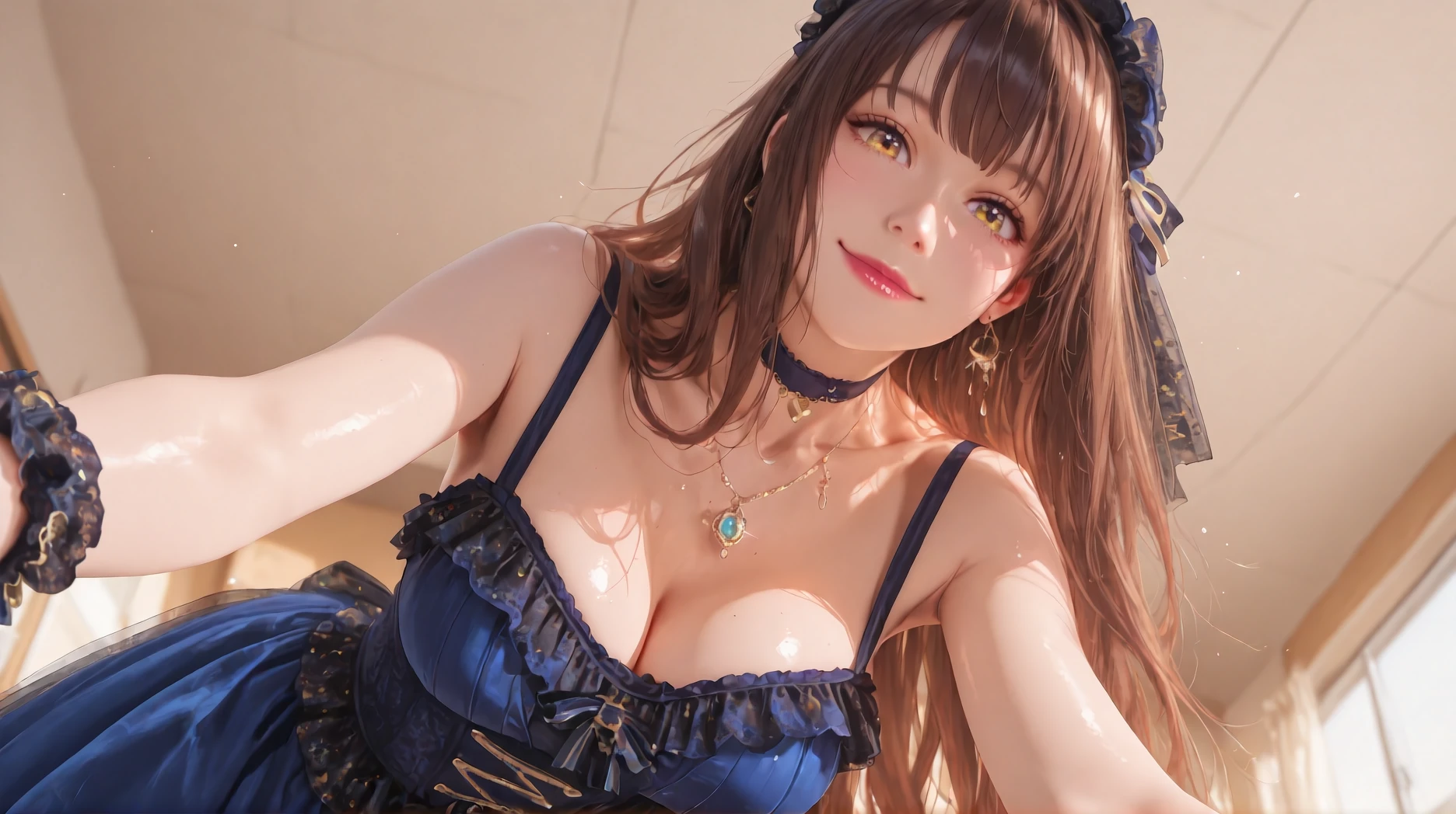 Hololive_Towa Tokoyami_black tights_black stockings_black gloves_Virtual YouTuber_High leg_latex_Pichi Pichi_beautiful woman_beautiful feet_beautiful_date_devil girl_succubus and hair long brown with a very big breasts is visible in front and very big chest