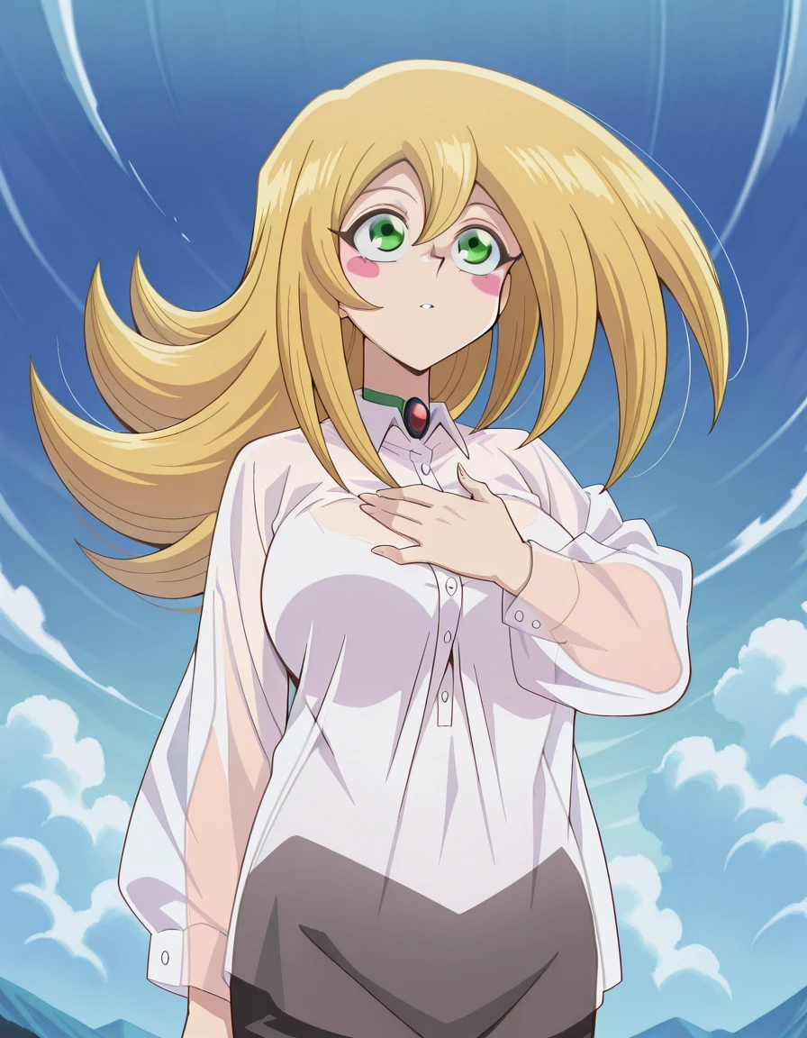 masterpiece, best quality, amazing quality,, <lora:dark-magician-girl-anime-illustriousxl-lora-nochekaiser:1>, dark magician girl, blonde hair, choker, green eyes, long hair, blush, blush stickers, breasts, mature female, anime screencap, <lora:lupang-hinirang-illustriousxl-lora-nochekaiser:1>, lupang hinirang, solo, looking up, expressionless, closed mouth, hand up, hand on own chest, clouds, blue sky, outdoors, upper body, <lora:barong-tagalog-illustriousxl-lora-nochekaiser:1>, barong tagalog, shirt, long sleeves, standing, white shirt, cowboy shot, parted lips, collared shirt, pants, black pants, see-through shirt, ,