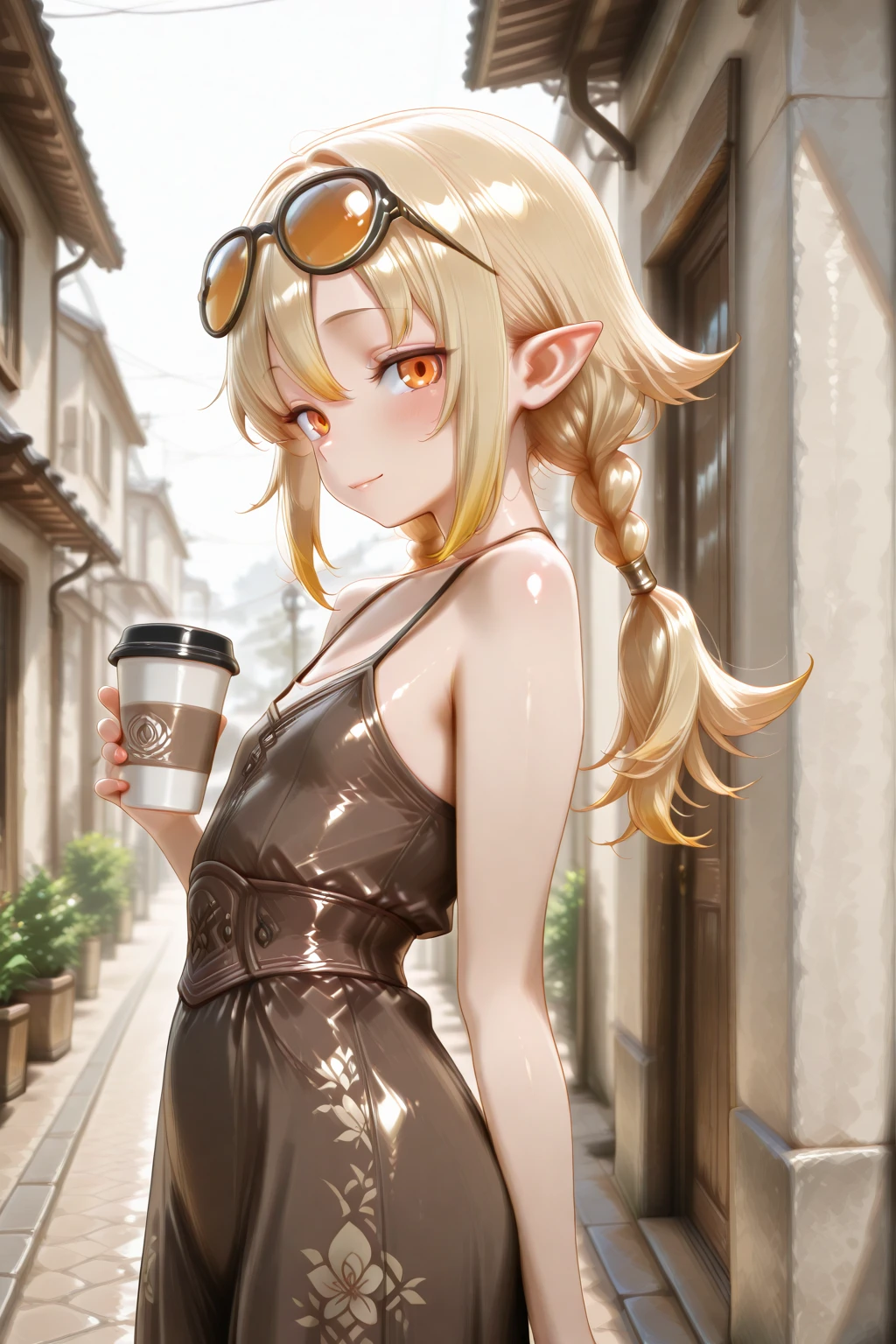 masterpiece, best quality, amazing quality, 1girl, solo, makeup, general, looking at viewer, blush, highres, cowboy shot, standing, from side, confident smile, holding disposable coffee cup, outdoors, <lora:RF5_Livia_v1_1:0.9>, RF5_Livia_v1_1, blonde hair, long hair, multicolored hair, twin braids, low twintails, orange eyes, hair between eyes, pointy ears, sidelocks, flat chest, <lora:Mocha_Petal_Dress:1>, Mocha_Petal_Dress, dress, bare shoulders, sleeveless, bare arms, floral print, spaghetti strap, brown dress, shiny clothes, long dress, (eyewear on head), <lora:wai-2Rectified-V140:1>, <lora:illustrious_noobai_epsilon_pred_1_masterpieces_v1:1>