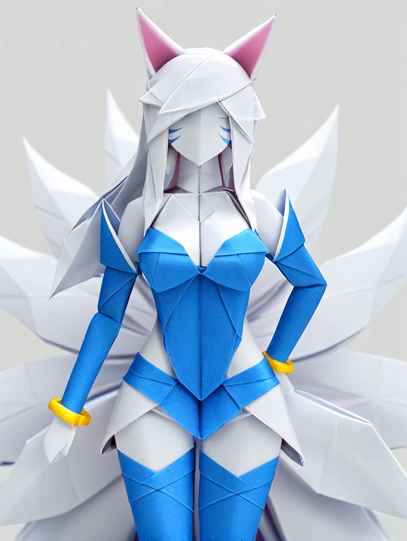 <lora:OrigamiArt1llust:0.8>,
OrigamiArt,ColorfulOrigami,Origami,
NoFacialFeatures,no eyes,no mouth,
simple_background, 1girl, ahri, (league of legends), animal ears, solo, fox ears, tail, breasts, fox tail, long hair, heart, thighhighs, cleavage, jewelry, bracelet, whisker markings, multiple tails, facial mark, hand on hip, large breasts, bare shoulders, choker, looking at viewer, smile