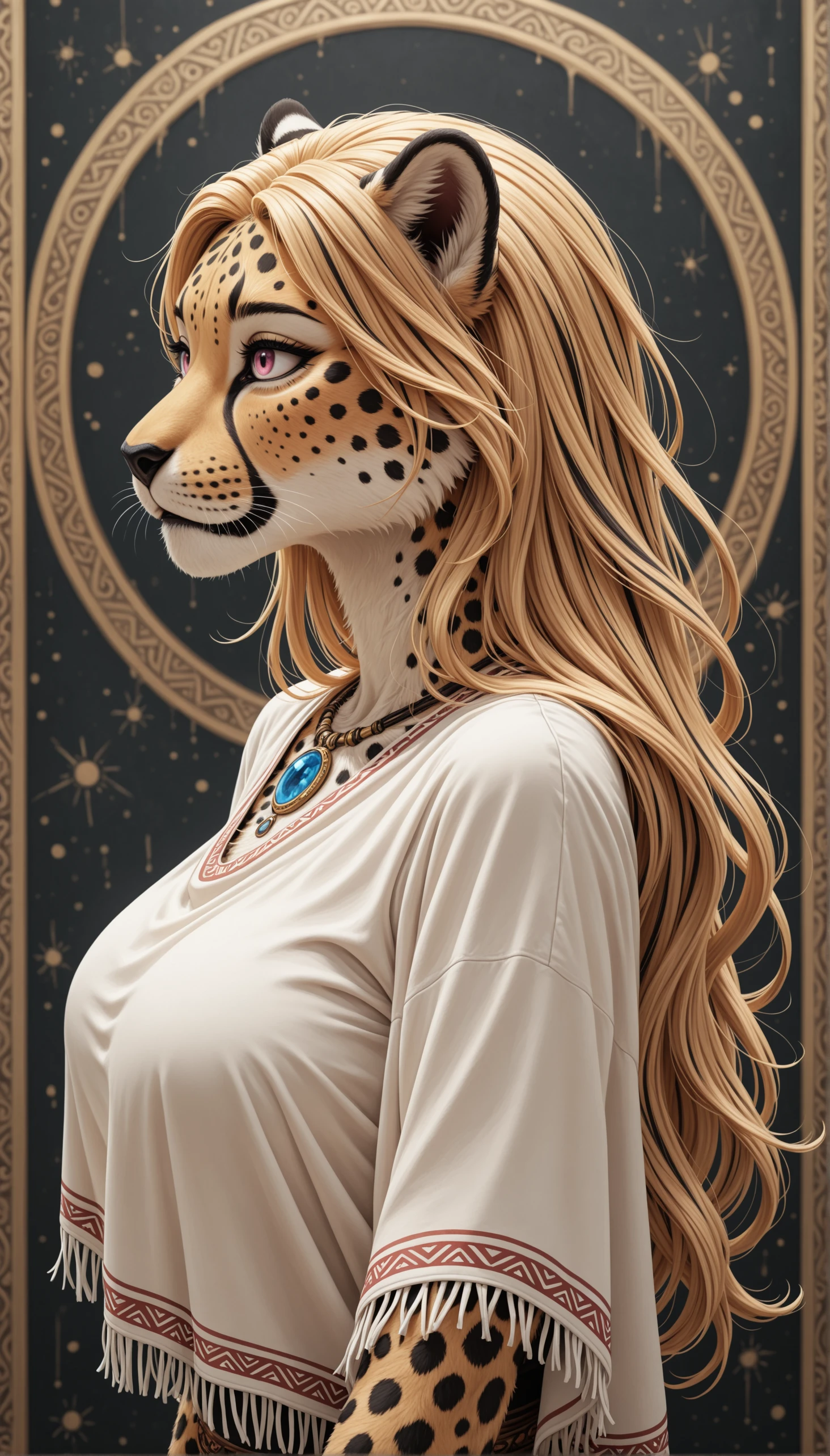 masterpiece, best quality, newest, absurdres, amazing quality, anthro, furry,

1girl, solo,

upper body, from side,

(cheetah:1.0), pink eyes, blonde hair, white streaked hair, (long hair:1.0), (:1.0),

white poncho, tribal, blue gem,

looking away,

abstract background, dark background, street art, mural,

eruca, realistic, depth of field, detailed background,