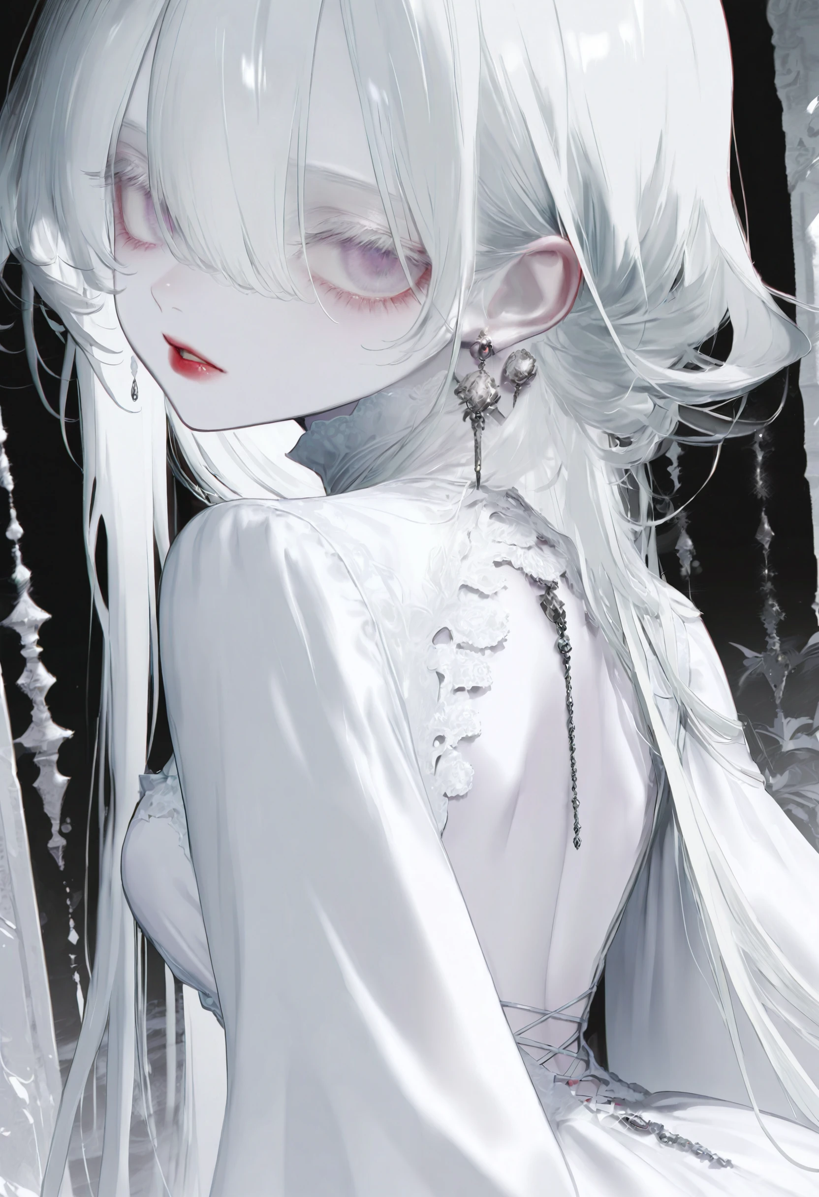 <lora:bmEybWVndV9f-illustriousXL_v01_V5-CAME-000035>, 1girl, dress, long hair, solo, purple eyes, white dress, looking at viewer, very long hair, earrings, jewelry, hair between eyes, backless dress, back cutout, backless outfit, grey hair, white hair, breasts, red lips, pale skin, parted lips, looking back, white theme, from behind